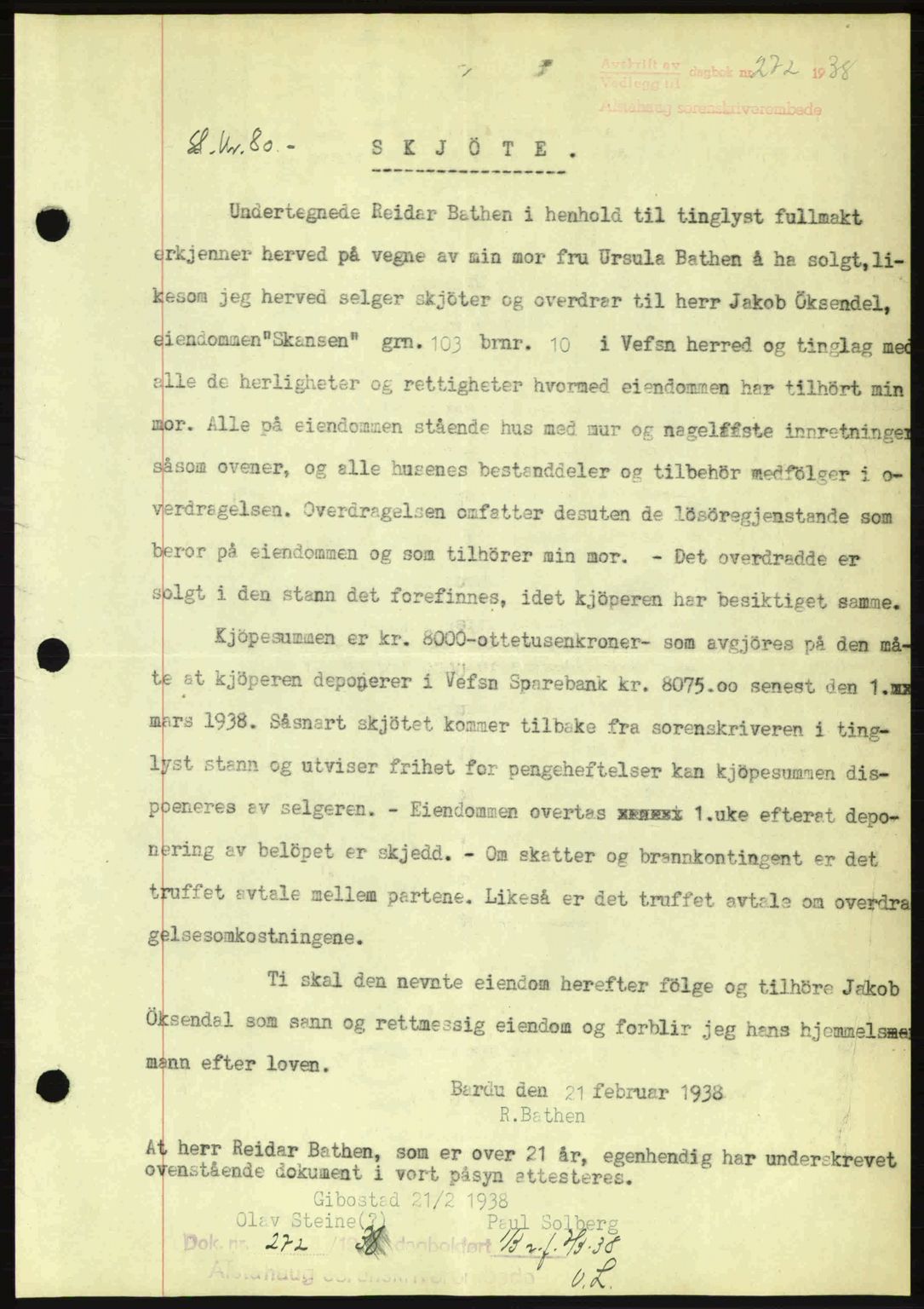 Alstahaug sorenskriveri, SAT/A-1009: Pantebok nr. A3, 1937-1938, Dagboknr: 272/1938