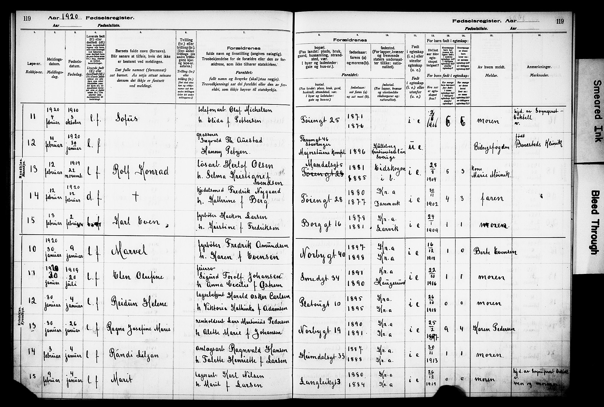 Grønland prestekontor Kirkebøker, AV/SAO-A-10848/J/Ja/L0001: Fødselsregister nr. 1, 1916-1922, s. 119