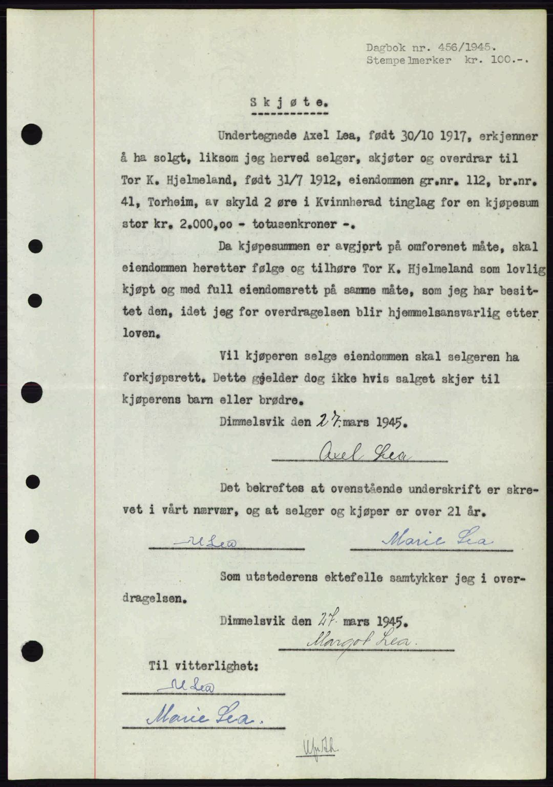 Sunnhordland sorenskrivar, AV/SAB-A-2401: Pantebok nr. A77, 1945-1945, Dagboknr: 456/1945