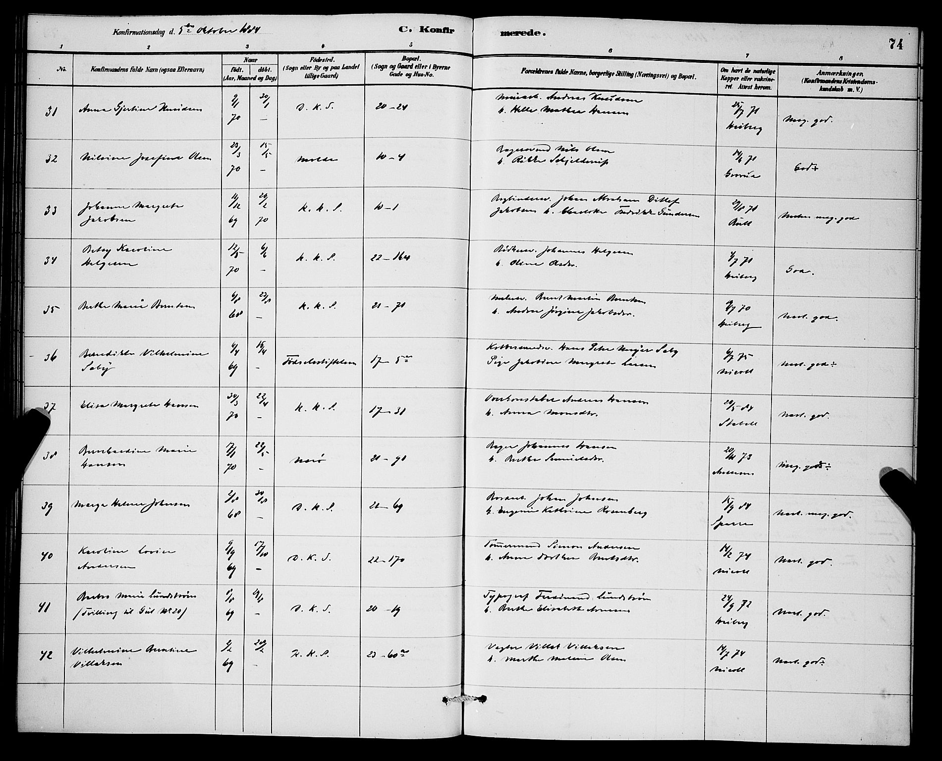 Korskirken sokneprestembete, AV/SAB-A-76101/H/Hab: Klokkerbok nr. C 3, 1880-1892, s. 74