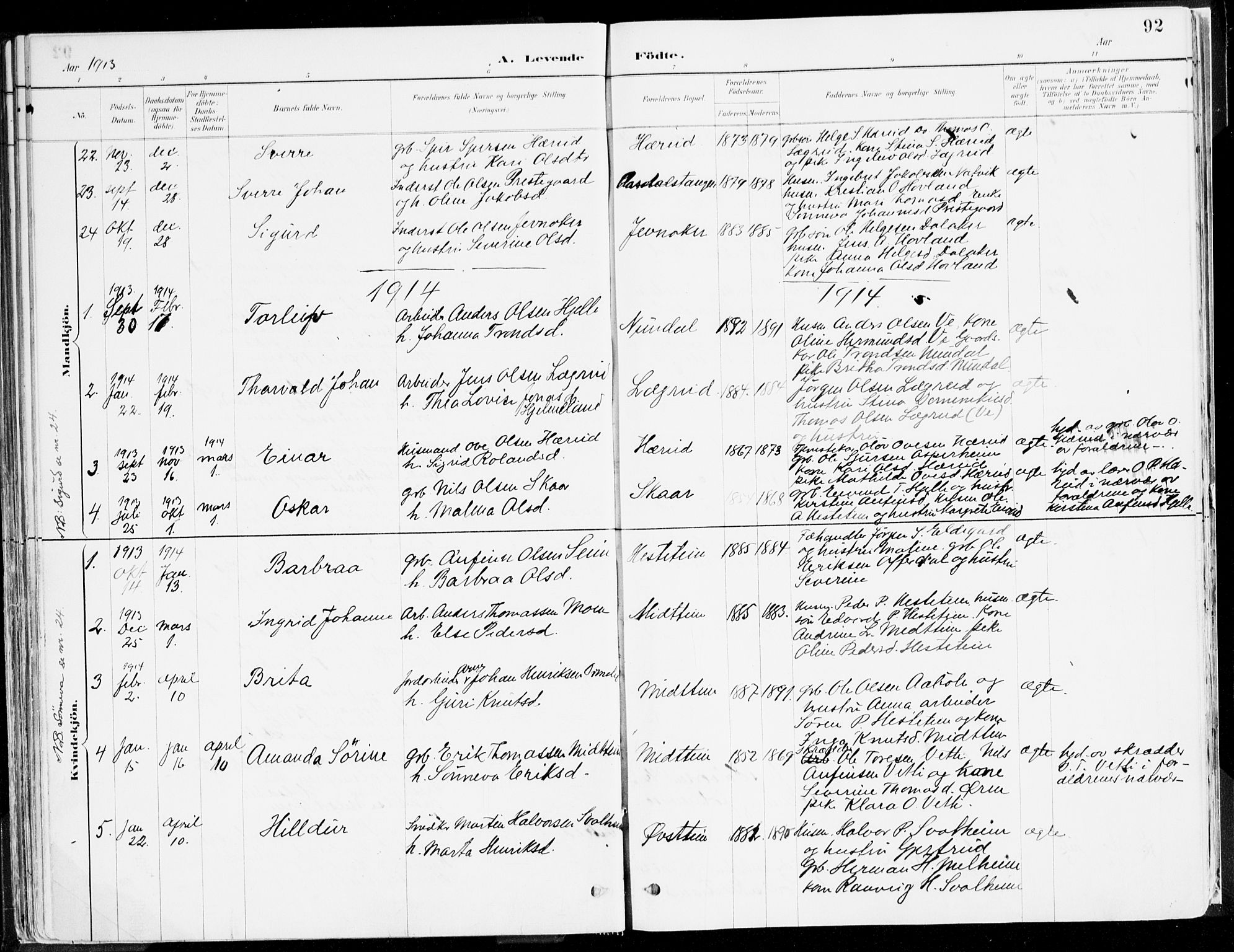Årdal sokneprestembete, AV/SAB-A-81701: Ministerialbok nr. A 5, 1887-1917, s. 92