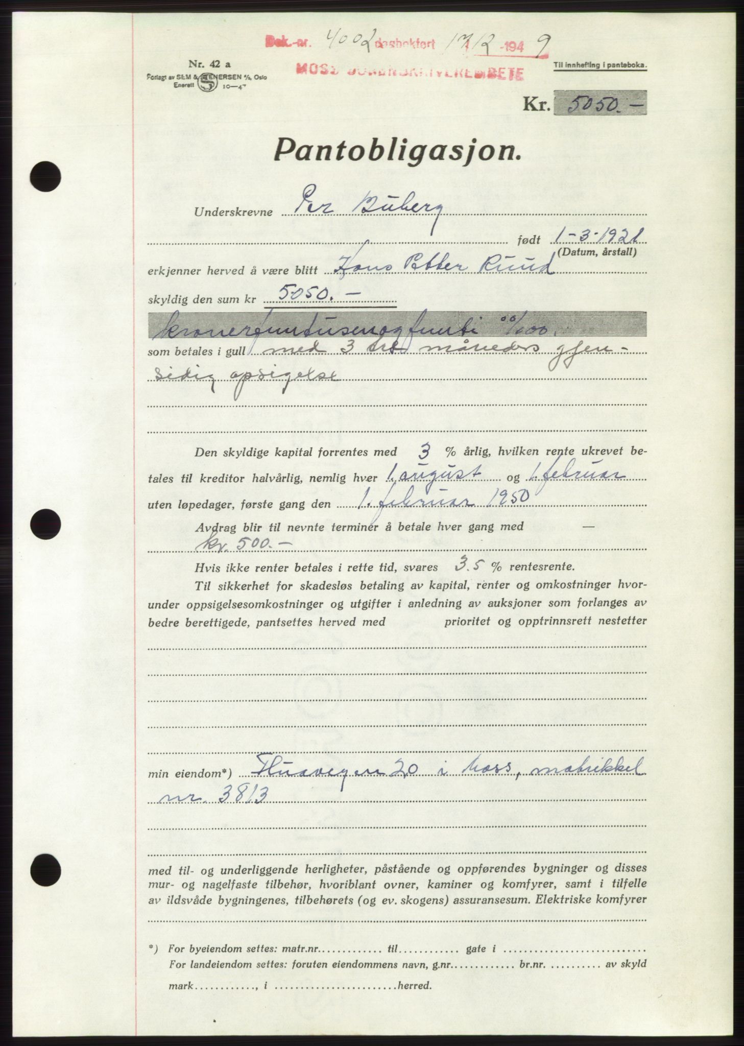 Moss sorenskriveri, SAO/A-10168: Pantebok nr. B23, 1949-1950, Dagboknr: 4002/1949