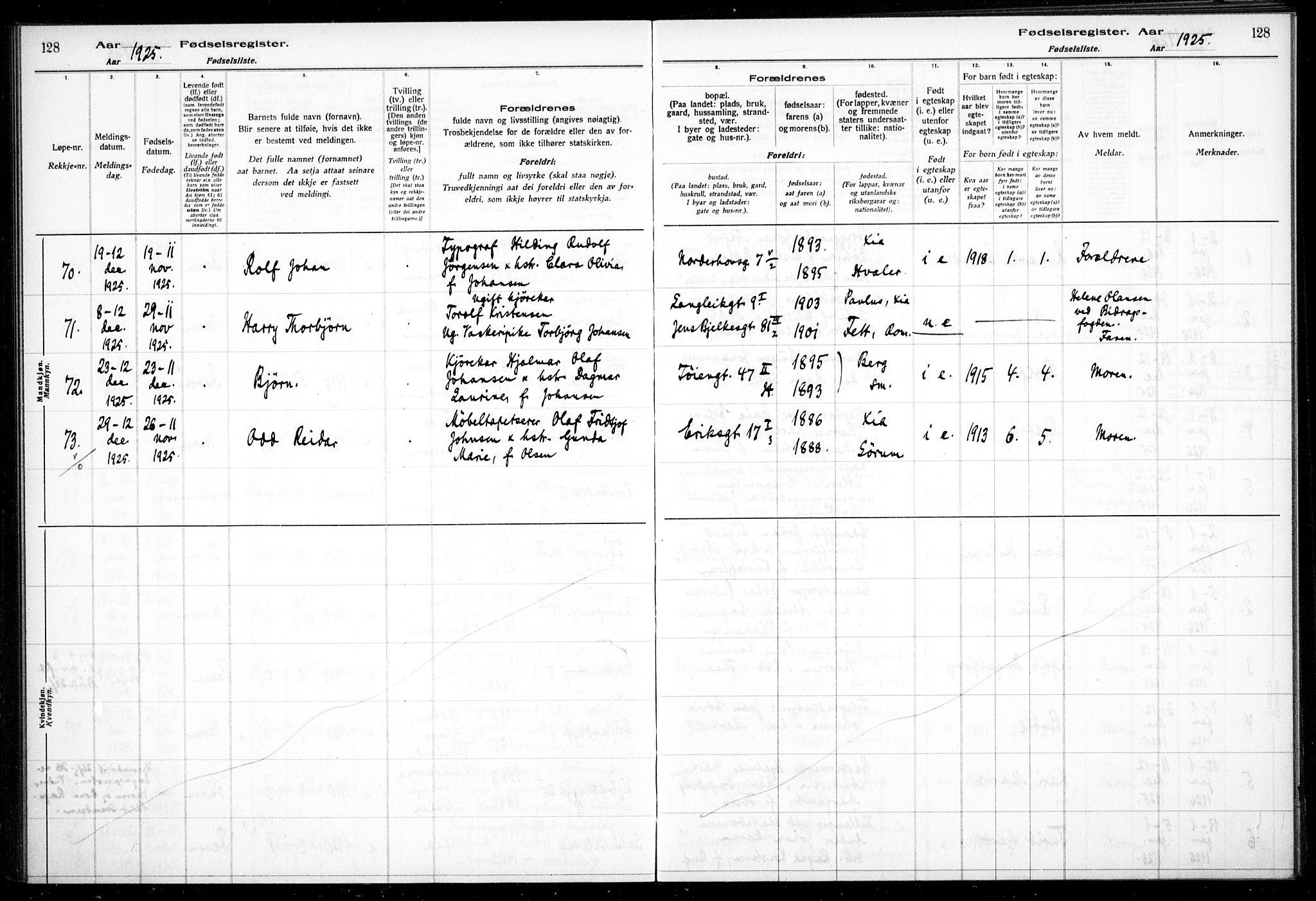 Kampen prestekontor Kirkebøker, AV/SAO-A-10853/J/Ja/L0002: Fødselsregister nr. 2, 1920-1935, s. 128