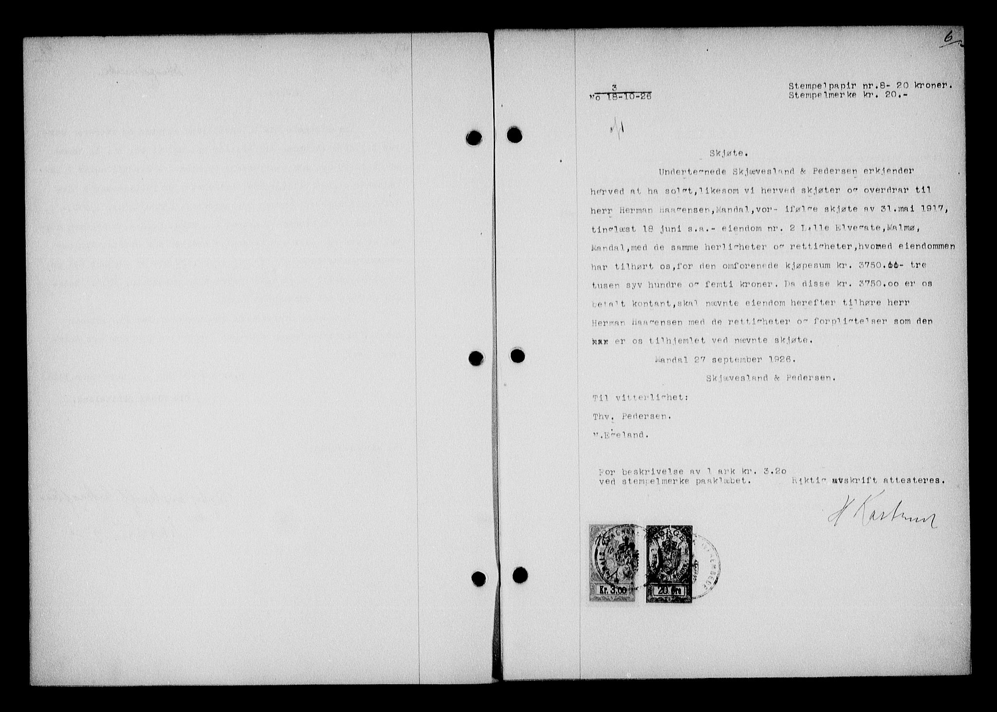 Mandal sorenskriveri, SAK/1221-0005/001/G/Gb/Gba/L0064: Pantebok nr. A-1, 1926-1928, Tingl.dato: 18.10.1926