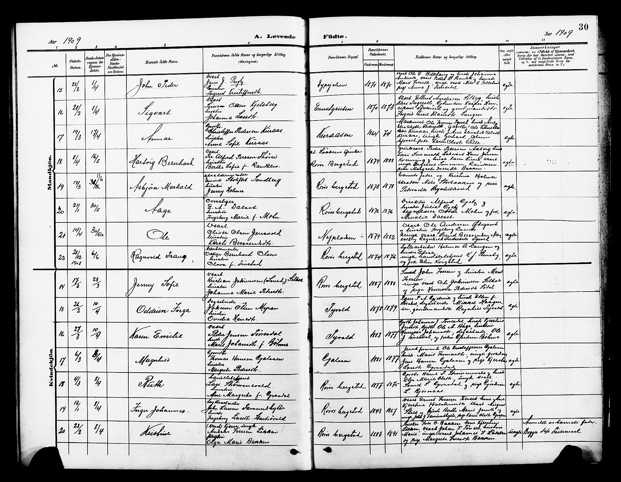 Ministerialprotokoller, klokkerbøker og fødselsregistre - Sør-Trøndelag, SAT/A-1456/681/L0942: Klokkerbok nr. 681C06, 1906-1925, s. 30