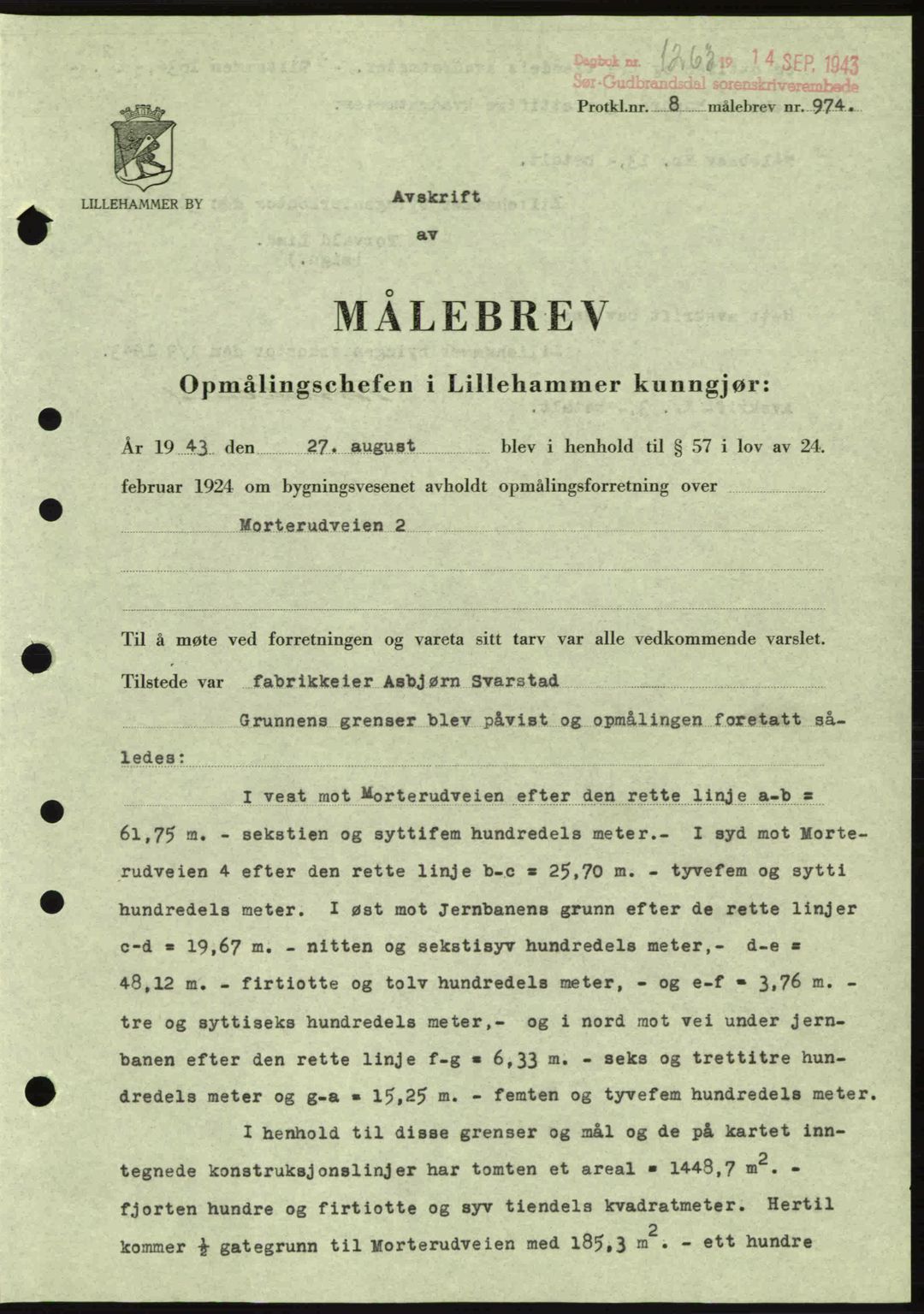 Sør-Gudbrandsdal tingrett, SAH/TING-004/H/Hb/Hbd/L0012: Pantebok nr. A12, 1943-1944, Dagboknr: 1263/1943