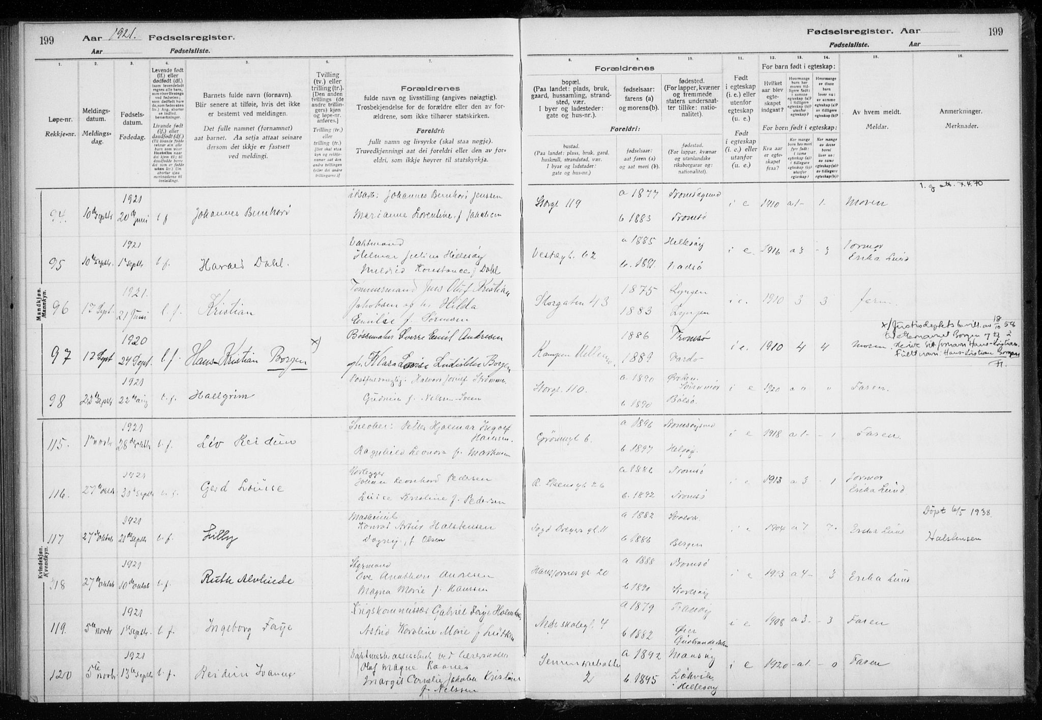 Tromsø sokneprestkontor/stiftsprosti/domprosti, AV/SATØ-S-1343/H/Ha/L0131: Fødselsregister nr. 131, 1916-1921, s. 199