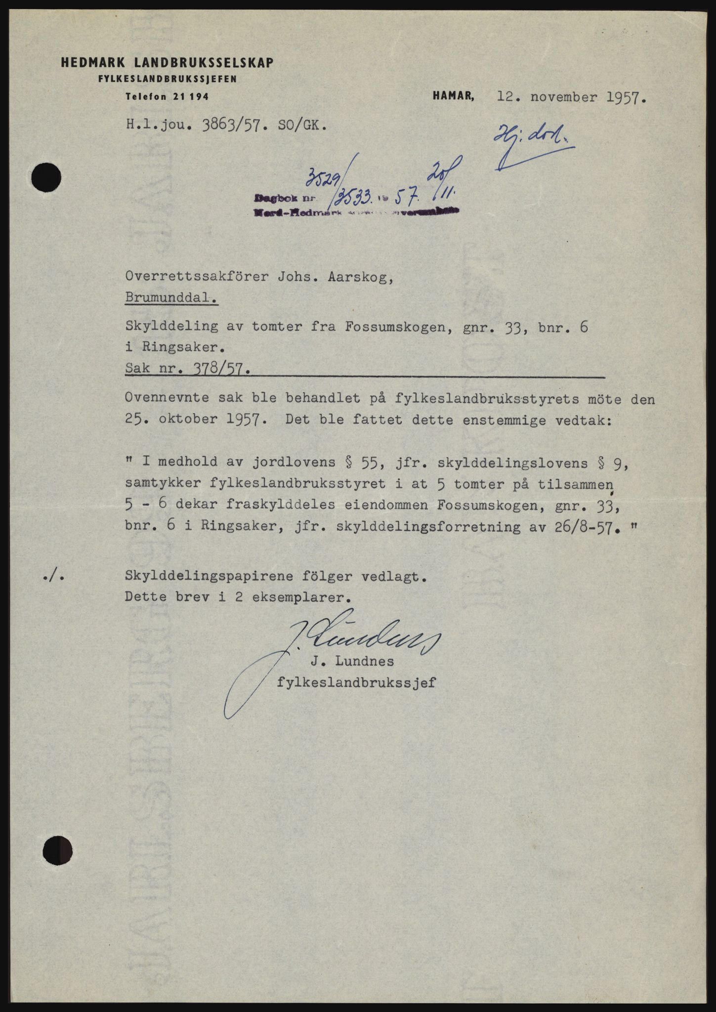 Nord-Hedmark sorenskriveri, SAH/TING-012/H/Hc/L0011: Pantebok nr. 11, 1956-1957, Dagboknr: 3529/1957