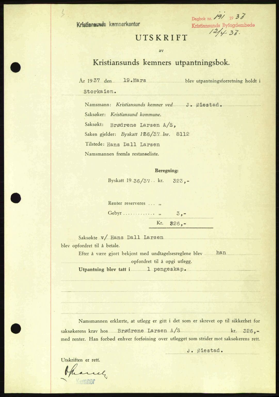 Kristiansund byfogd, SAT/A-4587/A/27: Pantebok nr. 29, 1936-1937, Dagboknr: 191/1937