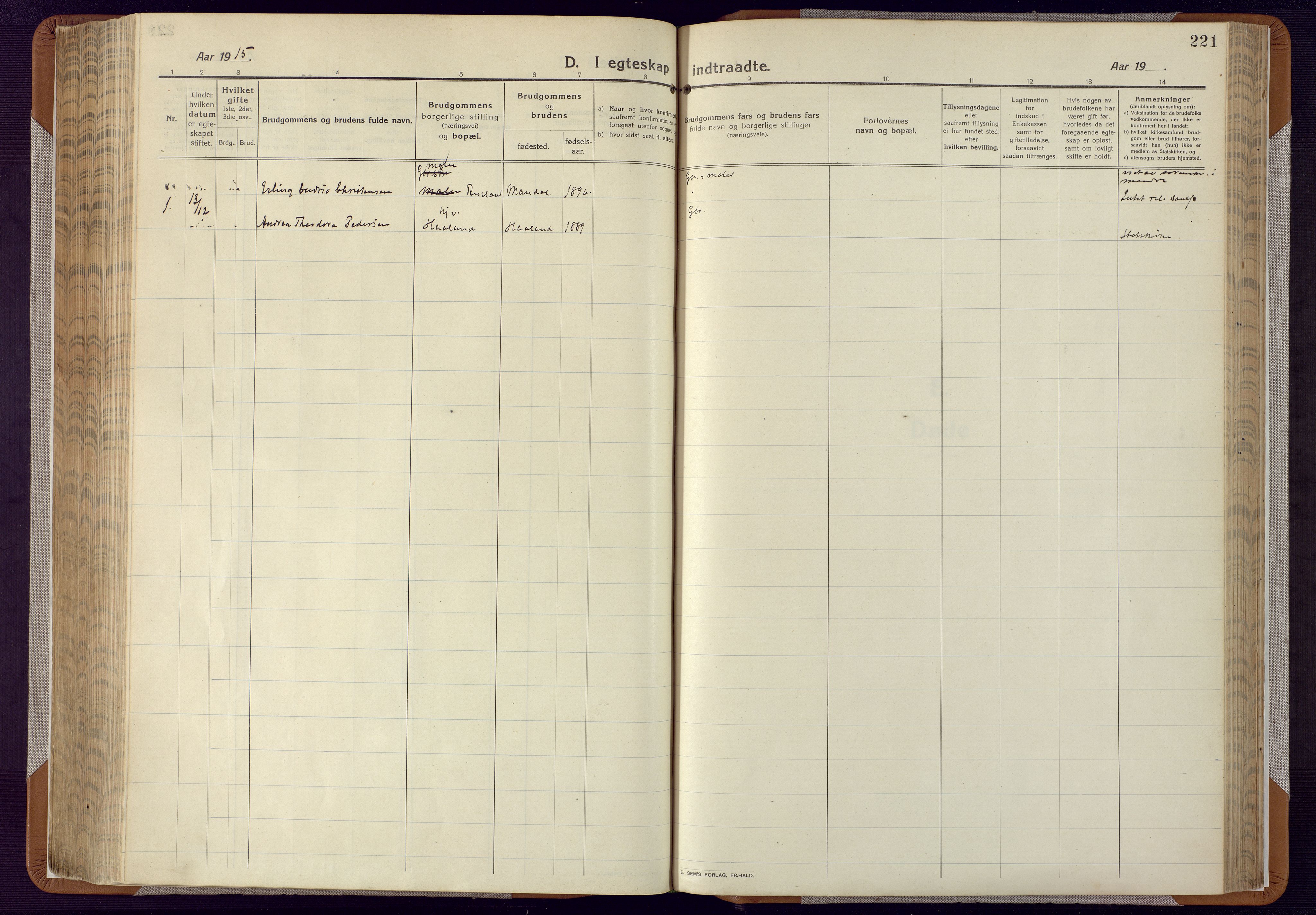 Mandal sokneprestkontor, SAK/1111-0030/F/Fa/Faa/L0022: Ministerialbok nr. A 22, 1913-1925, s. 221