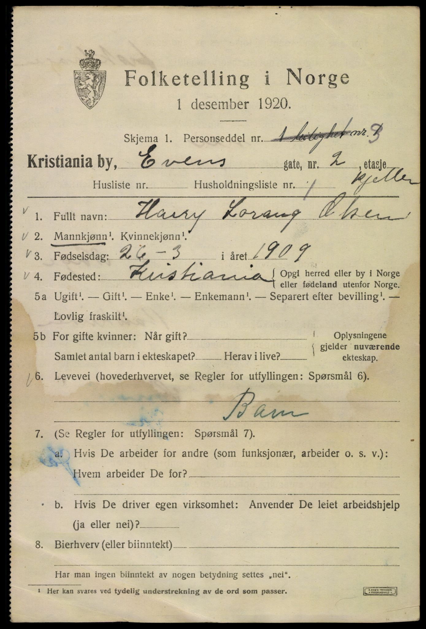 SAO, Folketelling 1920 for 0301 Kristiania kjøpstad, 1920, s. 224729