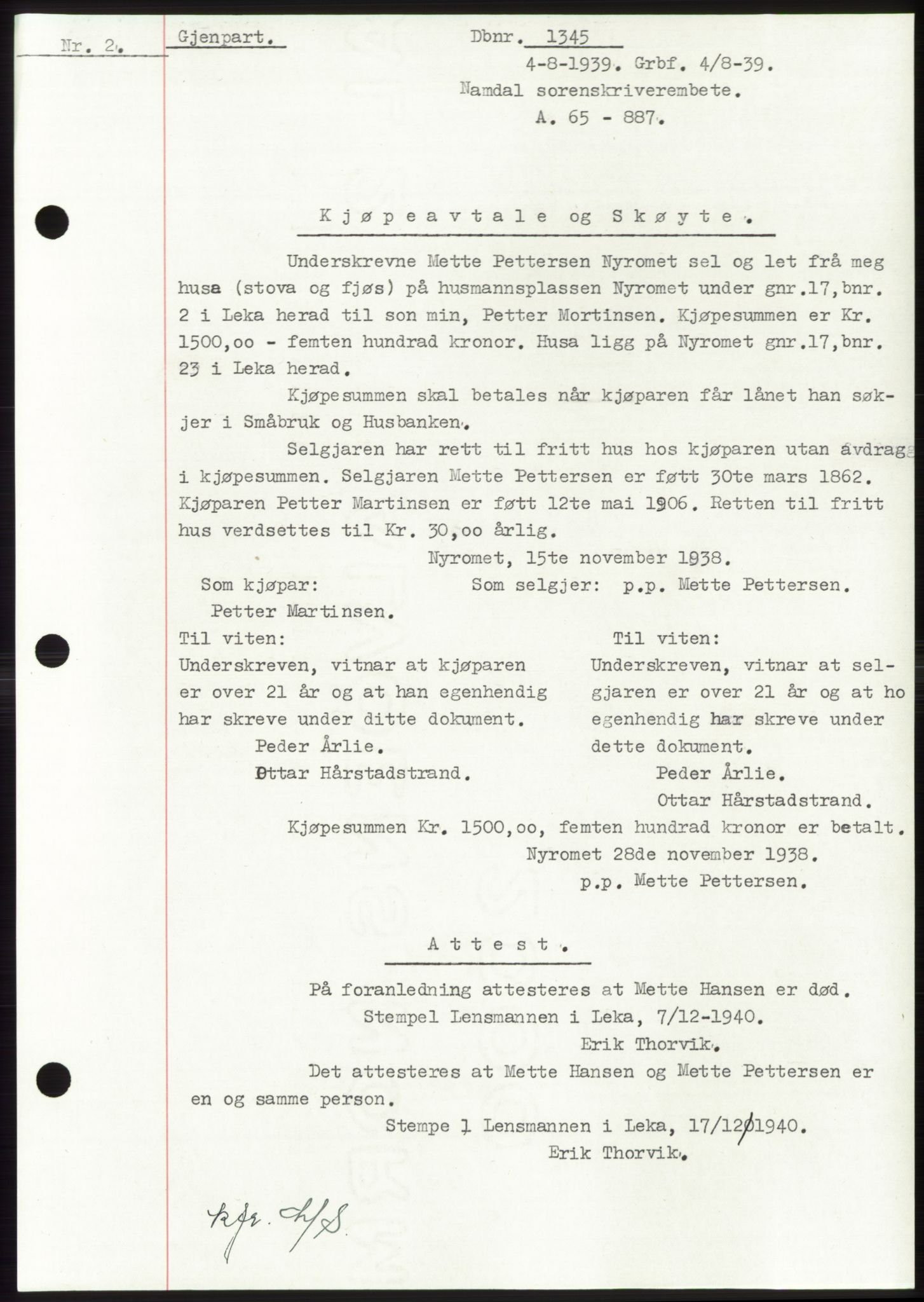 Namdal sorenskriveri, SAT/A-4133/1/2/2C: Pantebok nr. -, 1937-1939, Tingl.dato: 04.08.1939