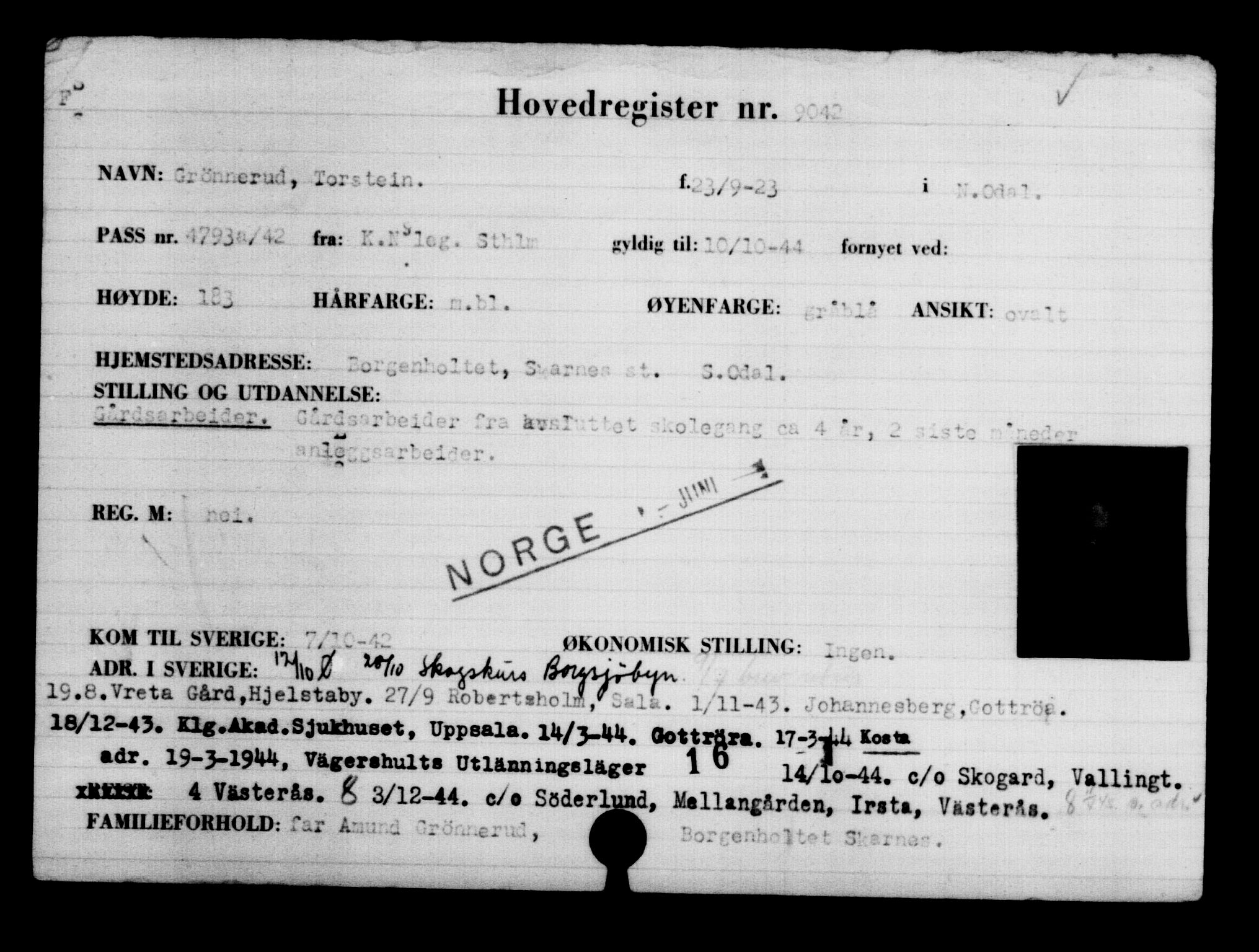 Utenriksstasjonene, Legasjonen i Stockholm, Flyktningkontoret, AV/RA-S-6753/V/Va/L0005: Kjesäterkartoteket, flyktninger med registreringsnr. 6600-9417, 1940-1945, s. 2872