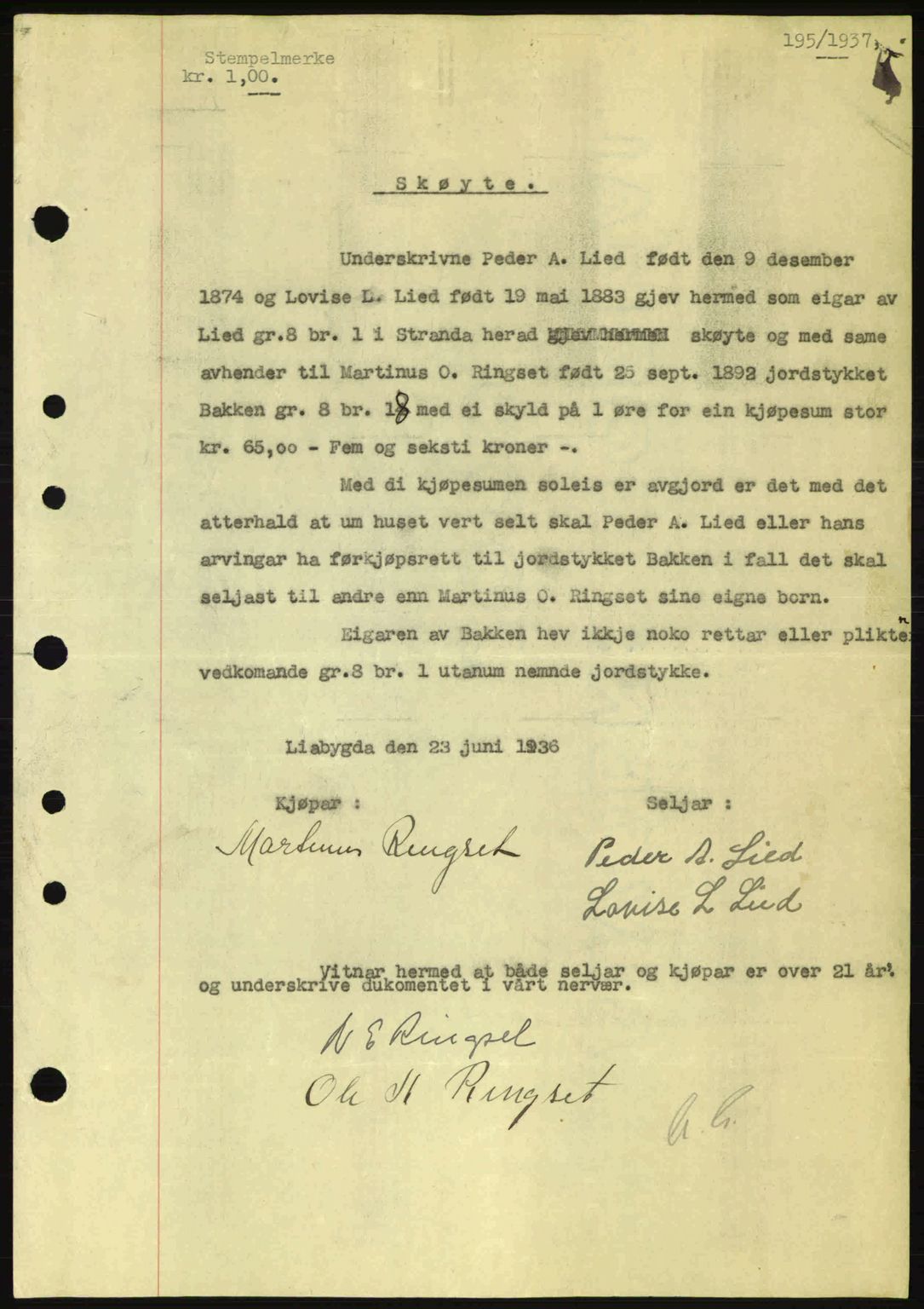 Nordre Sunnmøre sorenskriveri, SAT/A-0006/1/2/2C/2Ca: Pantebok nr. A2, 1936-1937, Dagboknr: 195/1937