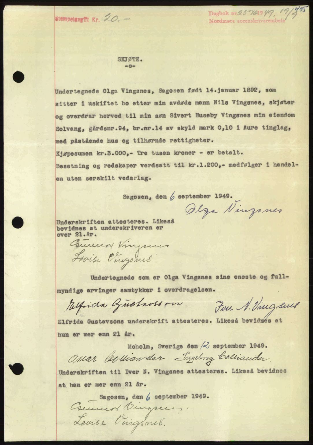 Nordmøre sorenskriveri, SAT/A-4132/1/2/2Ca: Pantebok nr. A112, 1949-1949, Dagboknr: 2576/1949