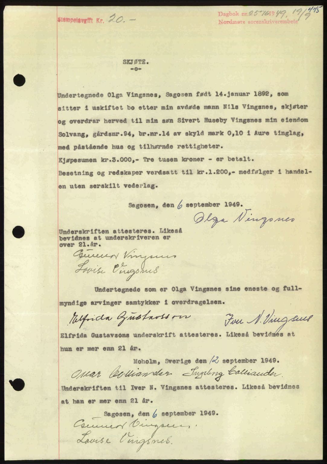 Nordmøre sorenskriveri, AV/SAT-A-4132/1/2/2Ca: Pantebok nr. A112, 1949-1949, Dagboknr: 2576/1949