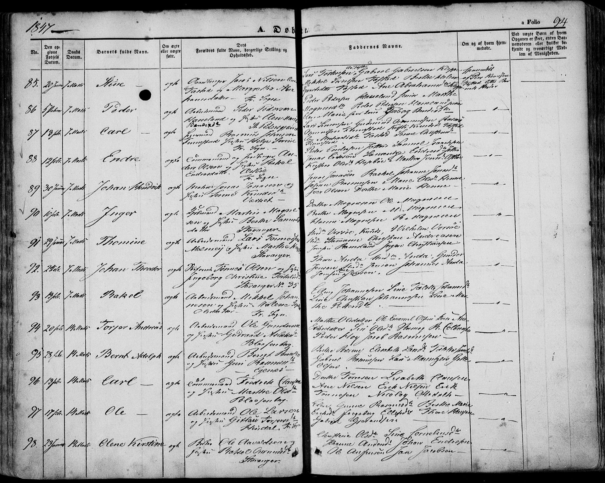 Domkirken sokneprestkontor, AV/SAST-A-101812/001/30/30BA/L0016: Ministerialbok nr. A 15, 1844-1854, s. 94