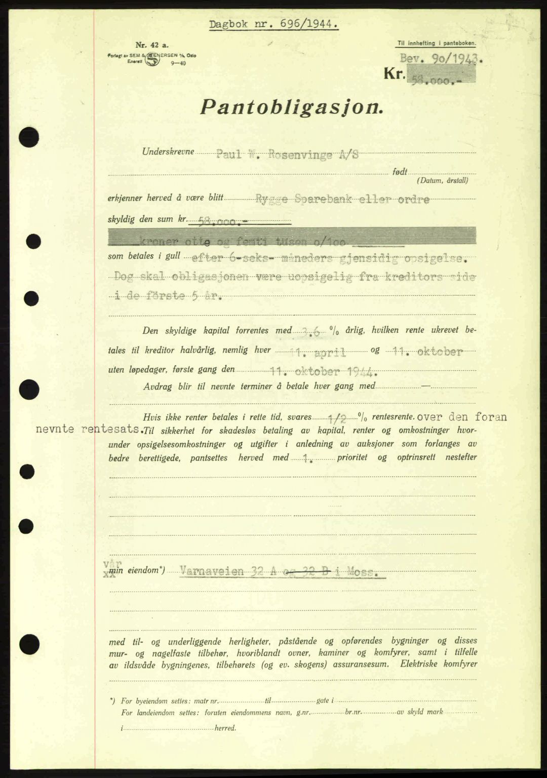 Moss sorenskriveri, SAO/A-10168: Pantebok nr. B13, 1943-1945, Dagboknr: 696/1944