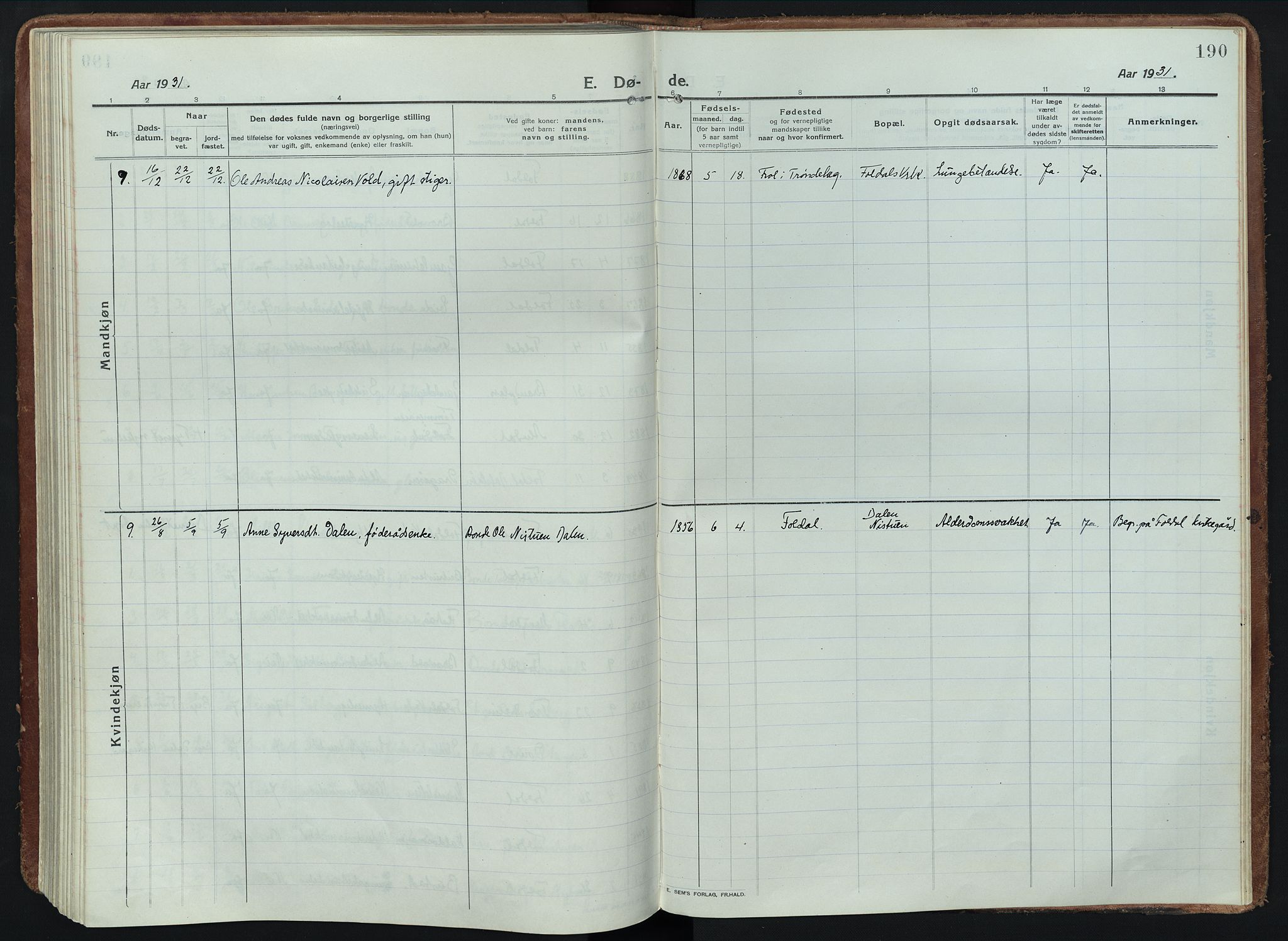 Alvdal prestekontor, AV/SAH-PREST-060/H/Ha/Haa/L0005: Ministerialbok nr. 5, 1913-1930, s. 190