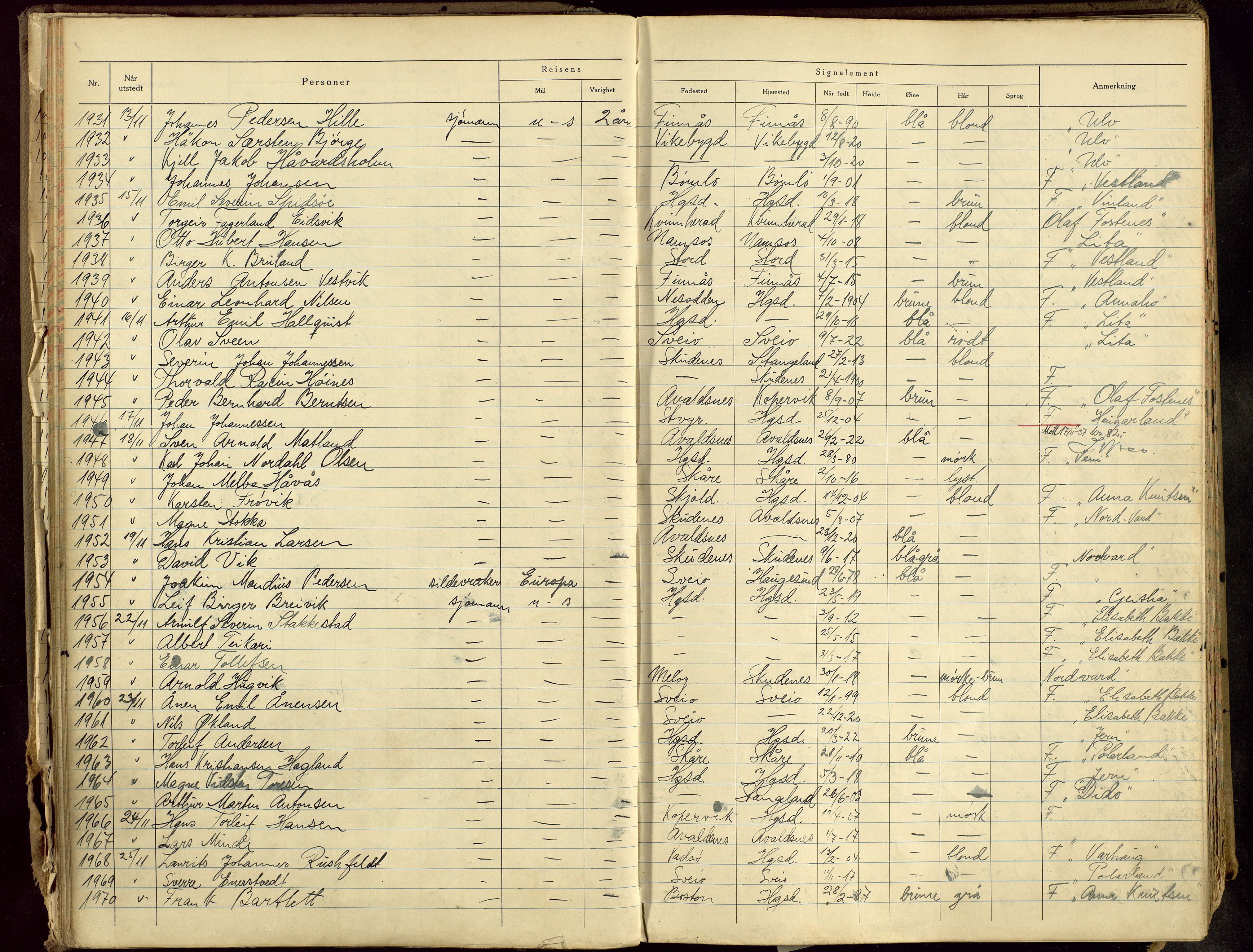 Haugesund politikammer, SAST/A-100440/K/L0006: Passprotokoll 2/1-37-4/3-40, 1937-1940, s. 54