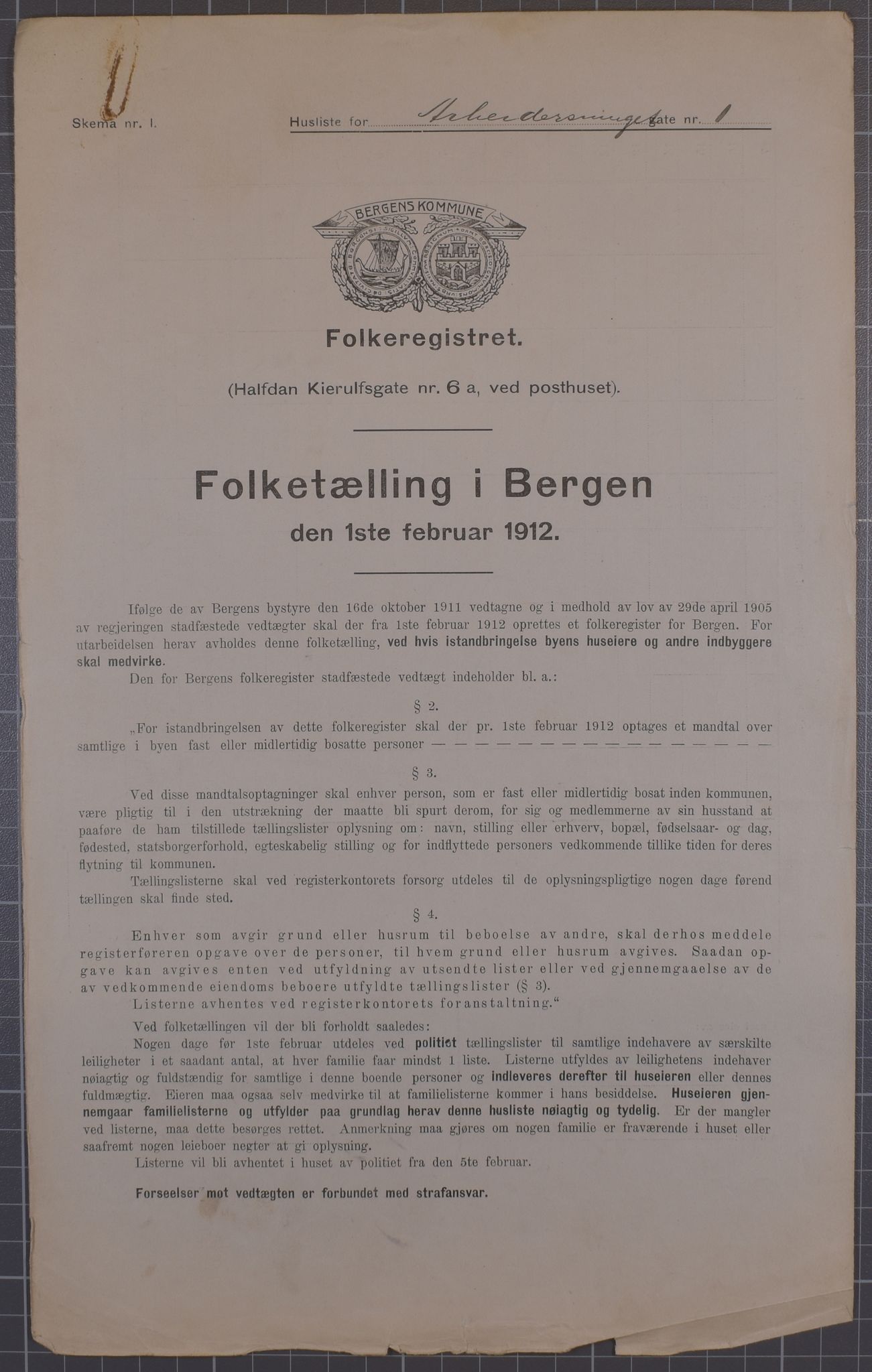 SAB, Kommunal folketelling 1912 for Bergen kjøpstad, 1912, s. 1490