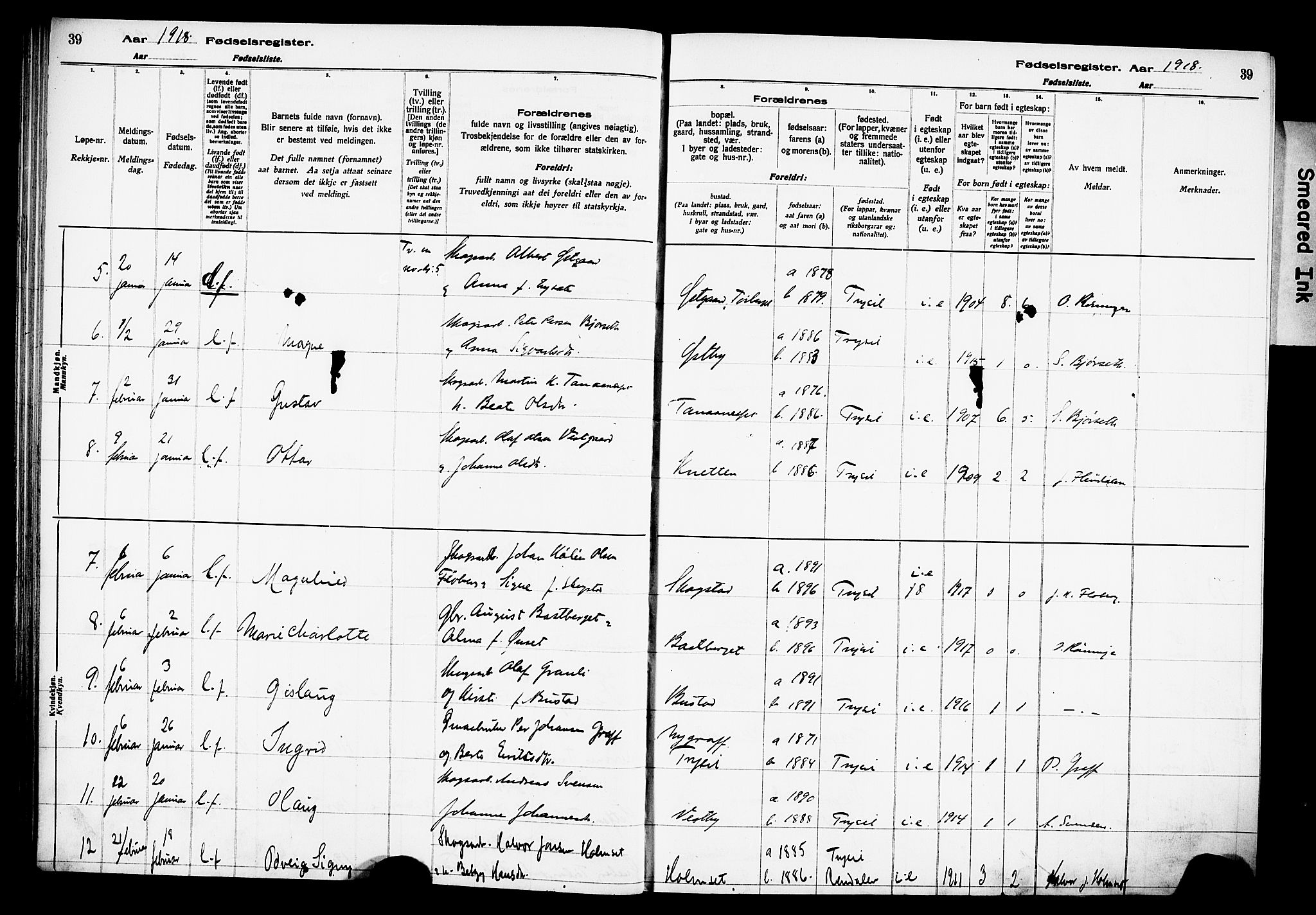 Trysil prestekontor, AV/SAH-PREST-046/I/Id/Ida/L0001: Fødselsregister nr. I 1, 1916-1927, s. 39