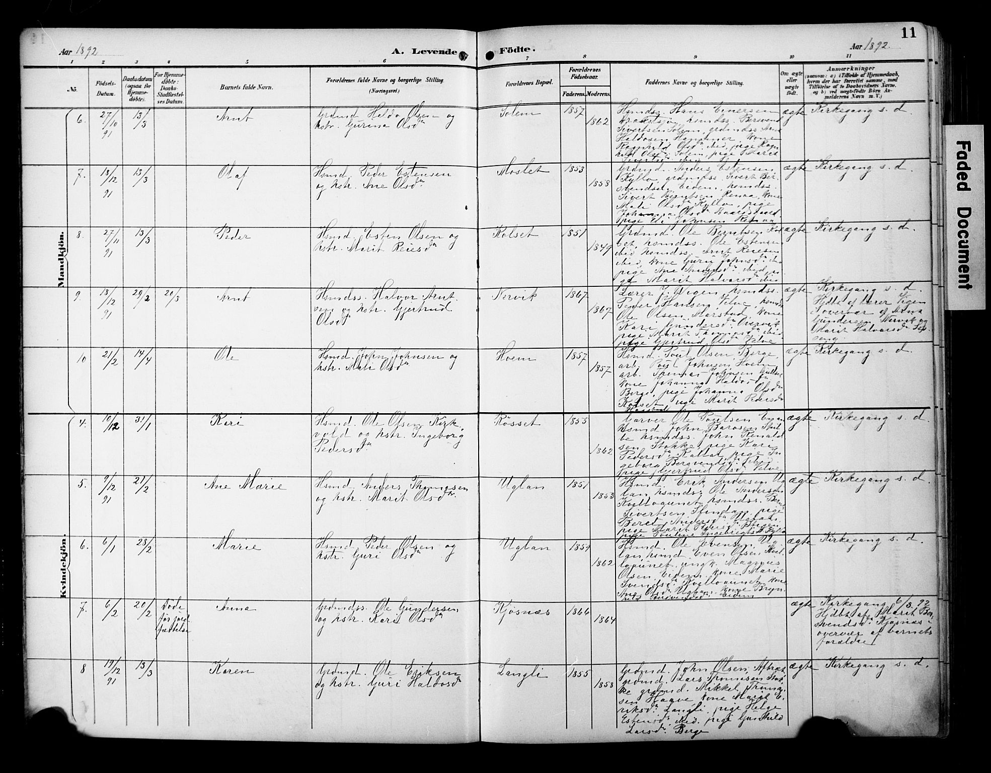 Ministerialprotokoller, klokkerbøker og fødselsregistre - Sør-Trøndelag, SAT/A-1456/695/L1149: Ministerialbok nr. 695A09, 1891-1902, s. 11