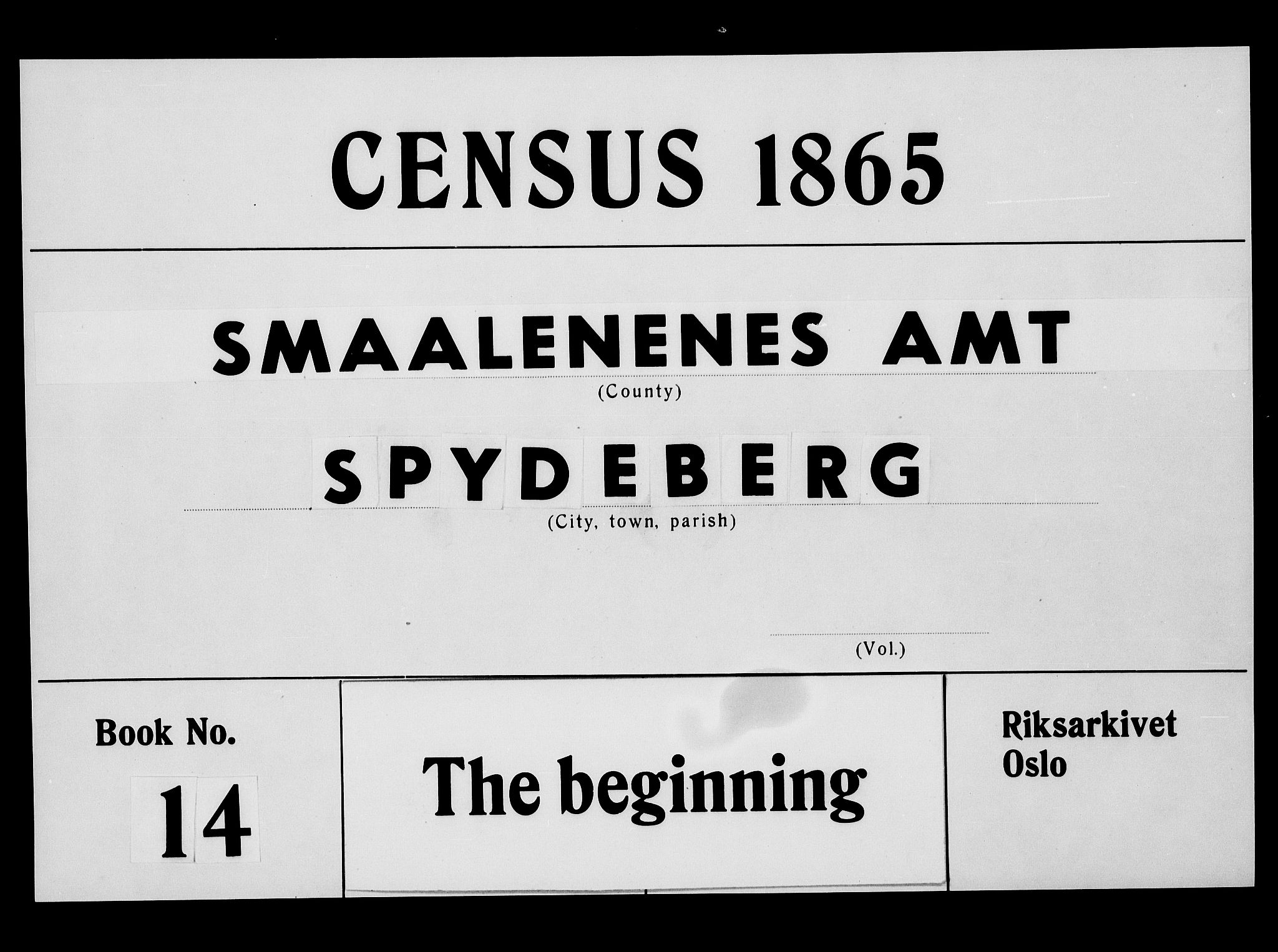 RA, Folketelling 1865 for 0123P Spydeberg prestegjeld, 1865, s. 1