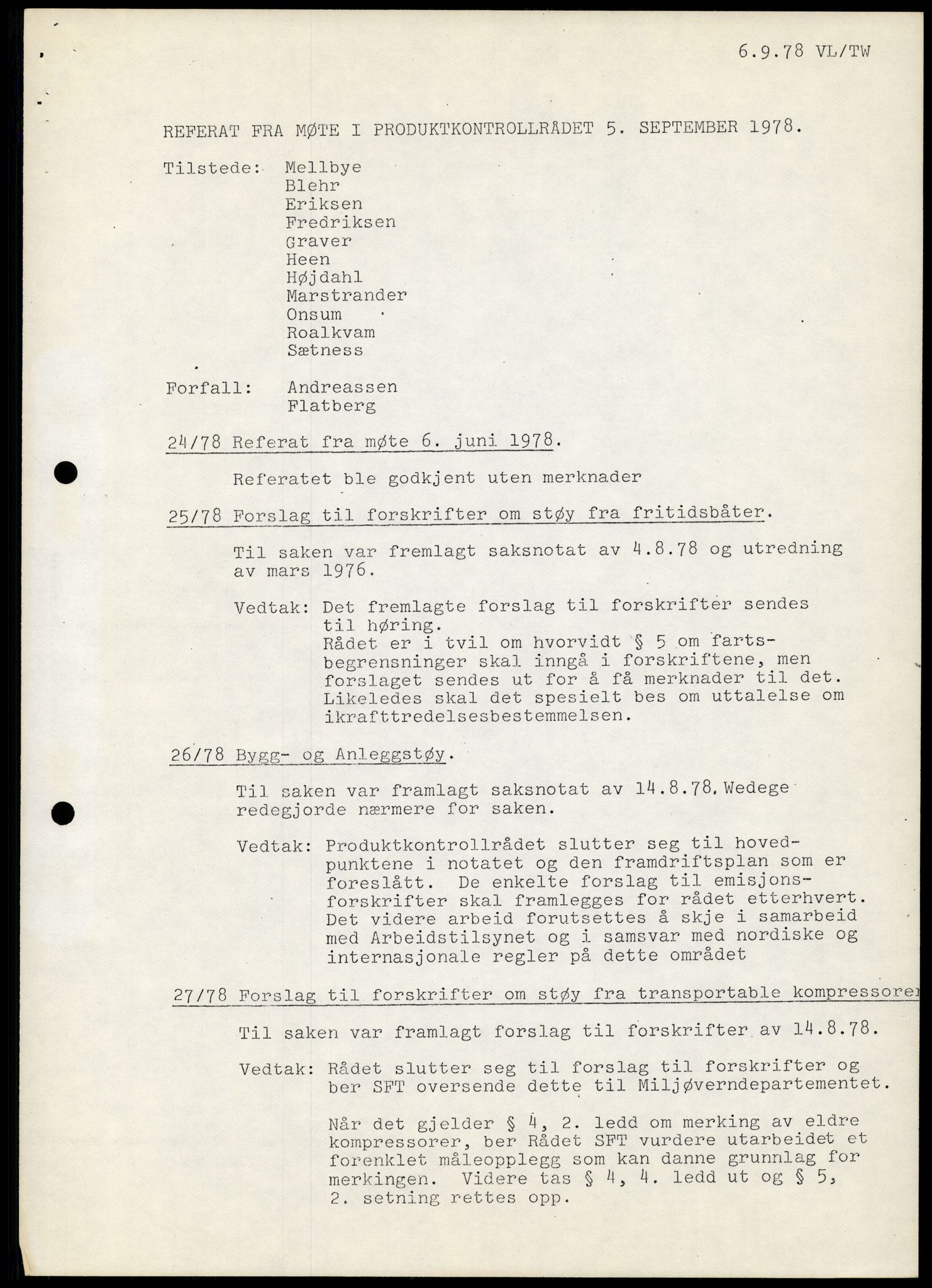 Statens forurensningstilsyn, hovedkontoret, AV/RA-S-4136/1/A/Ab/L0003: Produktkontrollrådet - Innkalling og referater, 1978