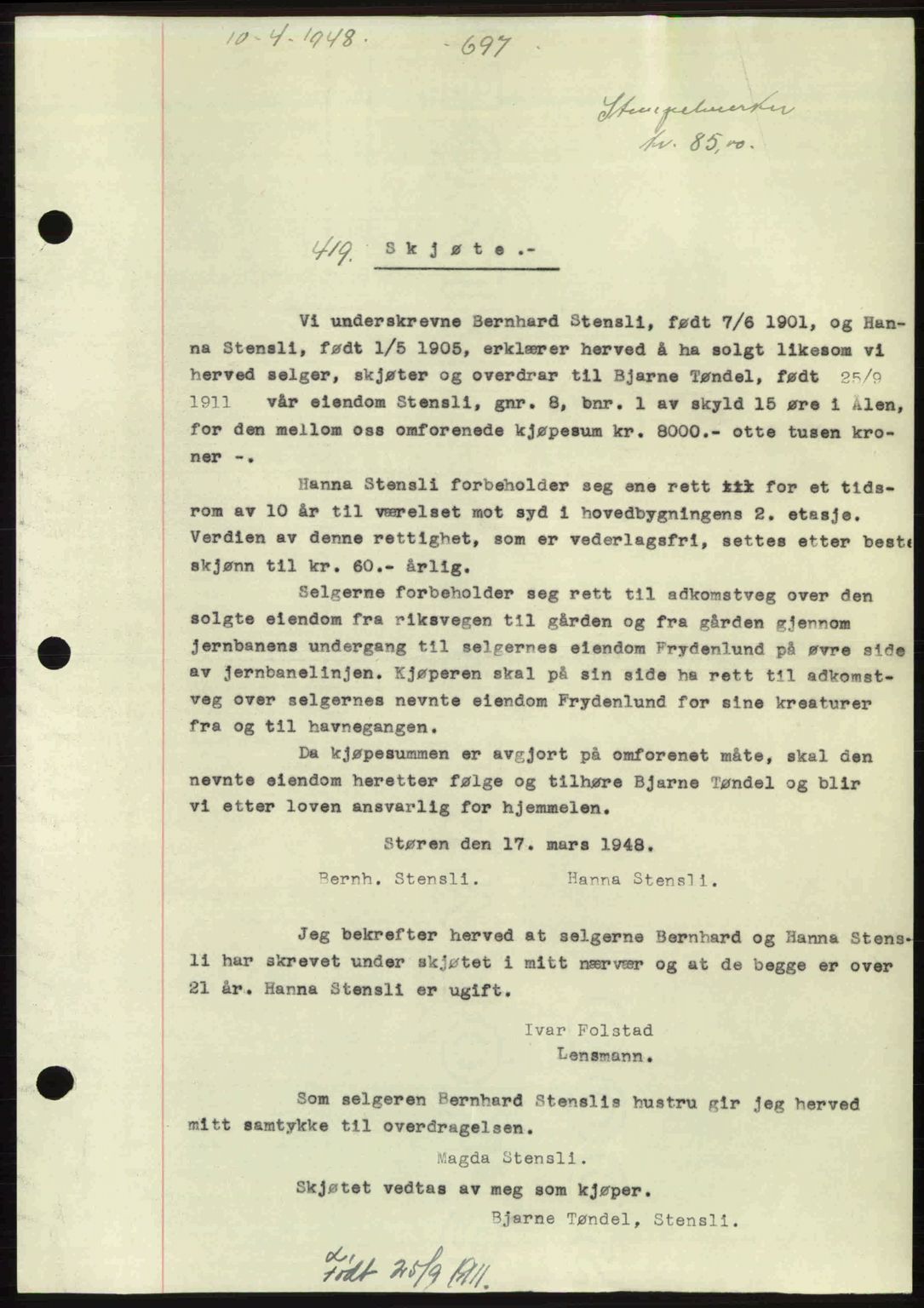 Gauldal sorenskriveri, SAT/A-0014/1/2/2C: Pantebok nr. A5, 1947-1948, Dagboknr: 419/1948