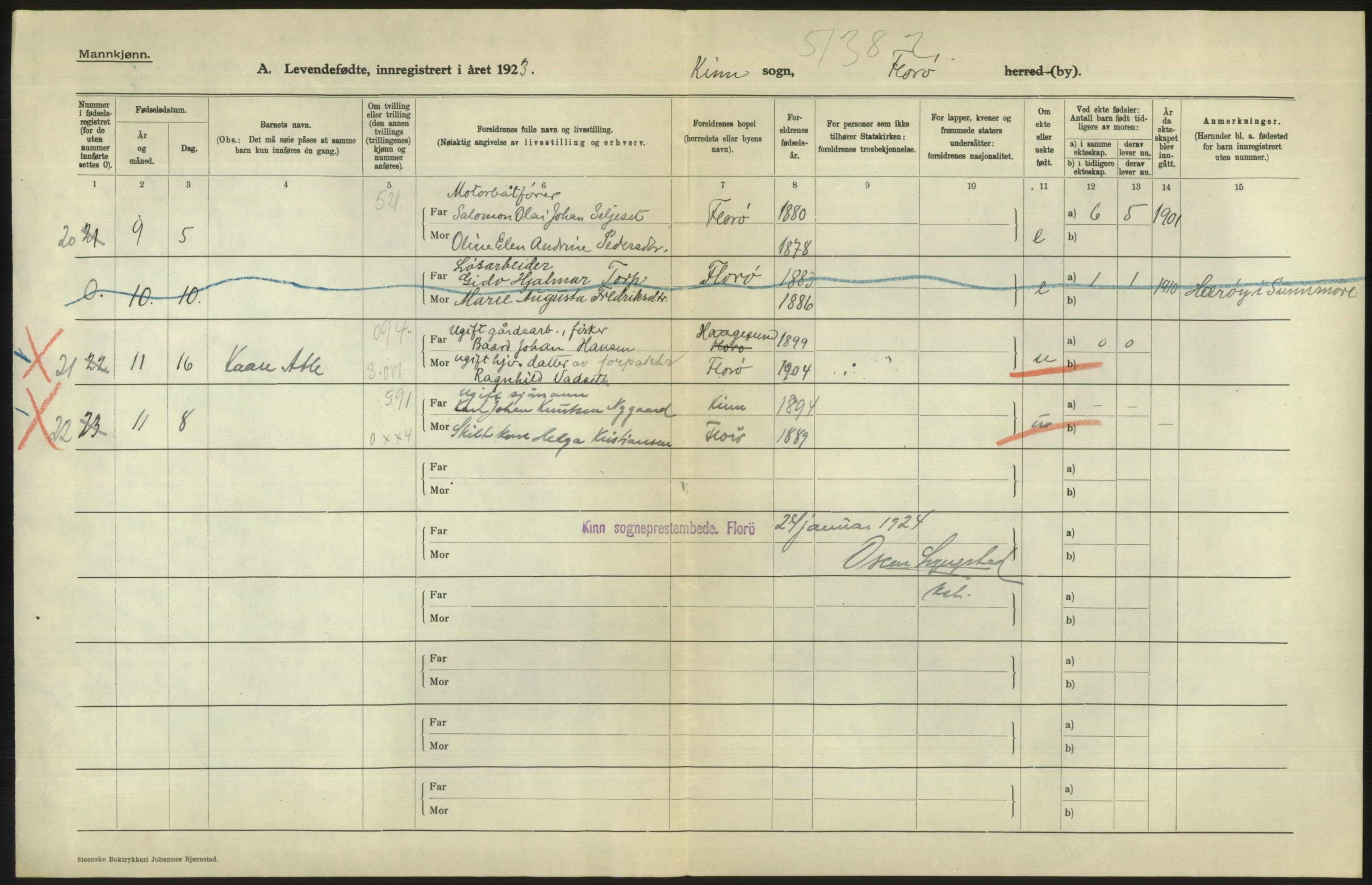 Statistisk sentralbyrå, Sosiodemografiske emner, Befolkning, AV/RA-S-2228/D/Df/Dfc/Dfcc/L0032: Florø by: Levendefødte menn og kvinner, gifte, døde, dødfødte., 1923, s. 18