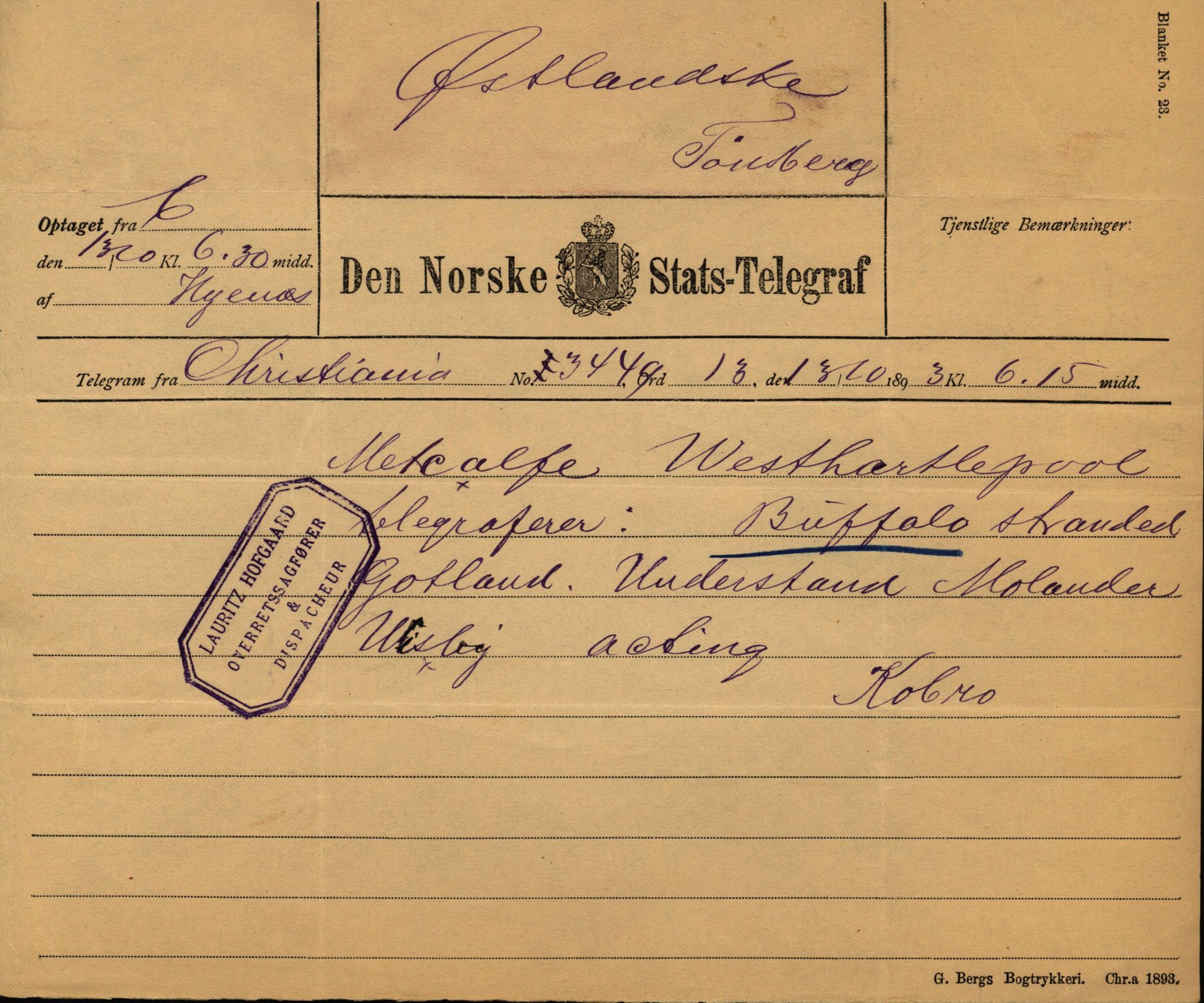 Pa 63 - Østlandske skibsassuranceforening, VEMU/A-1079/G/Ga/L0029/0009: Havaridokumenter / Anette, Agathe, Agra, Buffalo, 1893, s. 56