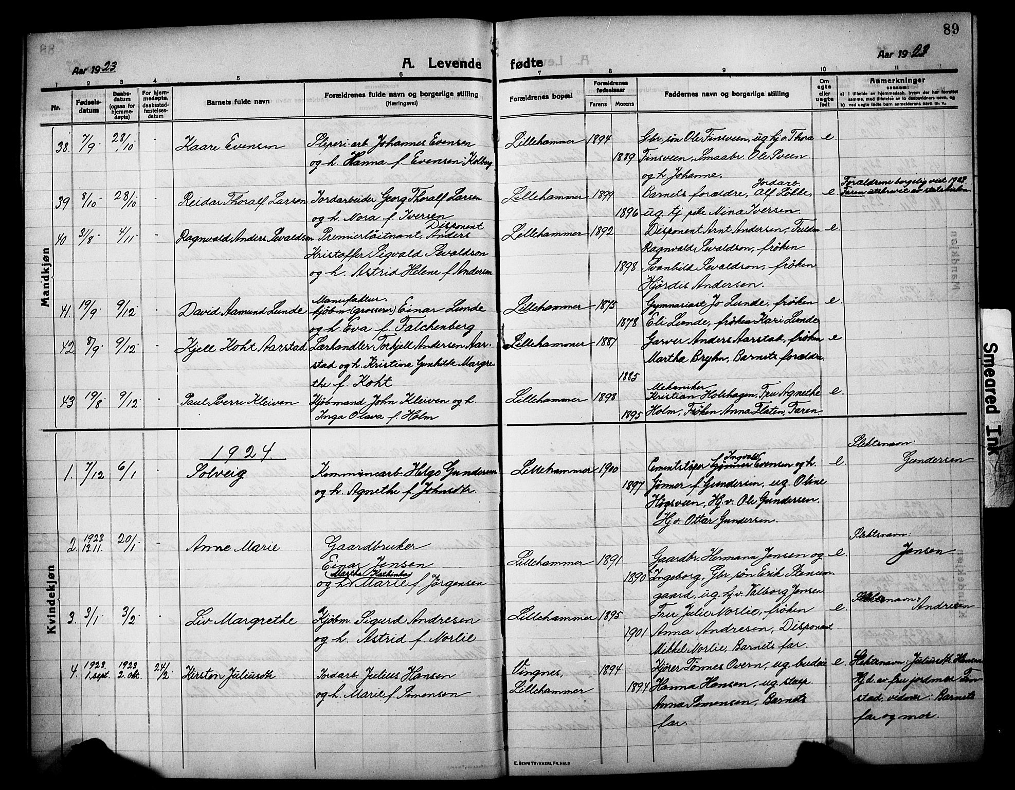 Lillehammer prestekontor, AV/SAH-PREST-088/H/Ha/Hab/L0002: Klokkerbok nr. 2, 1913-1929, s. 89