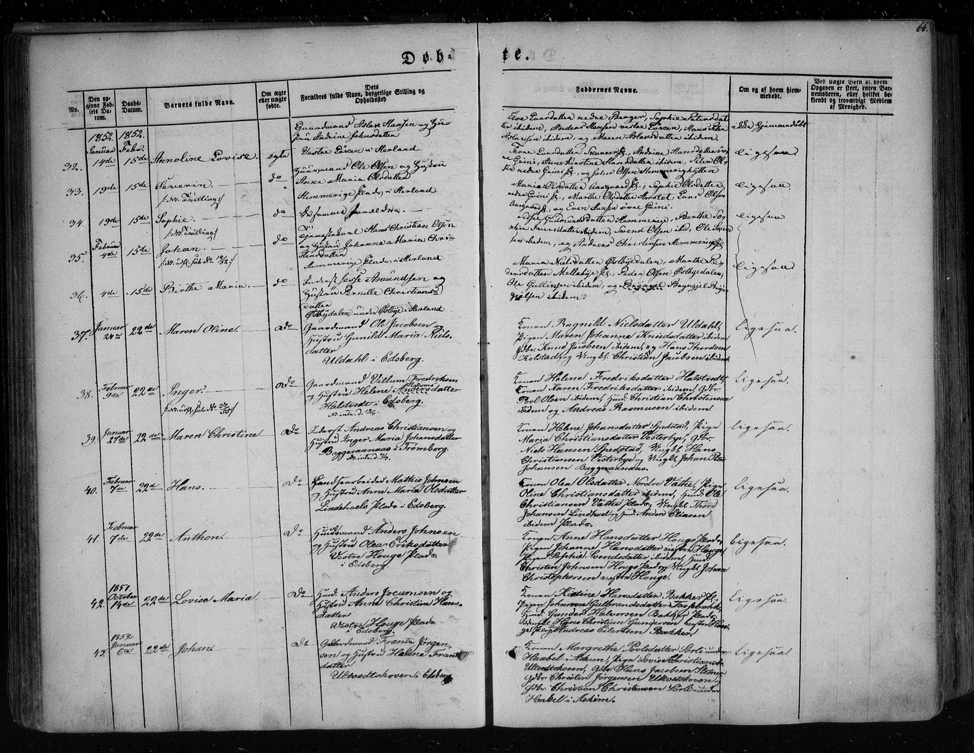 Eidsberg prestekontor Kirkebøker, AV/SAO-A-10905/F/Fa/L0009: Ministerialbok nr. I 9, 1849-1856, s. 66