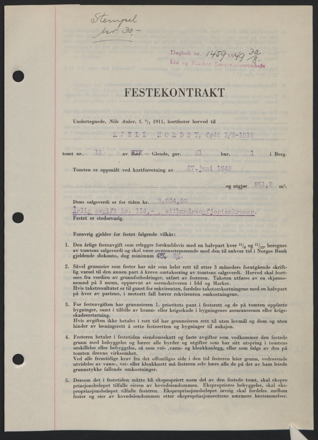 Idd og Marker sorenskriveri, SAO/A-10283/G/Gb/Gbb/L0012: Pantebok nr. A12, 1949-1949, Dagboknr: 1459/1949