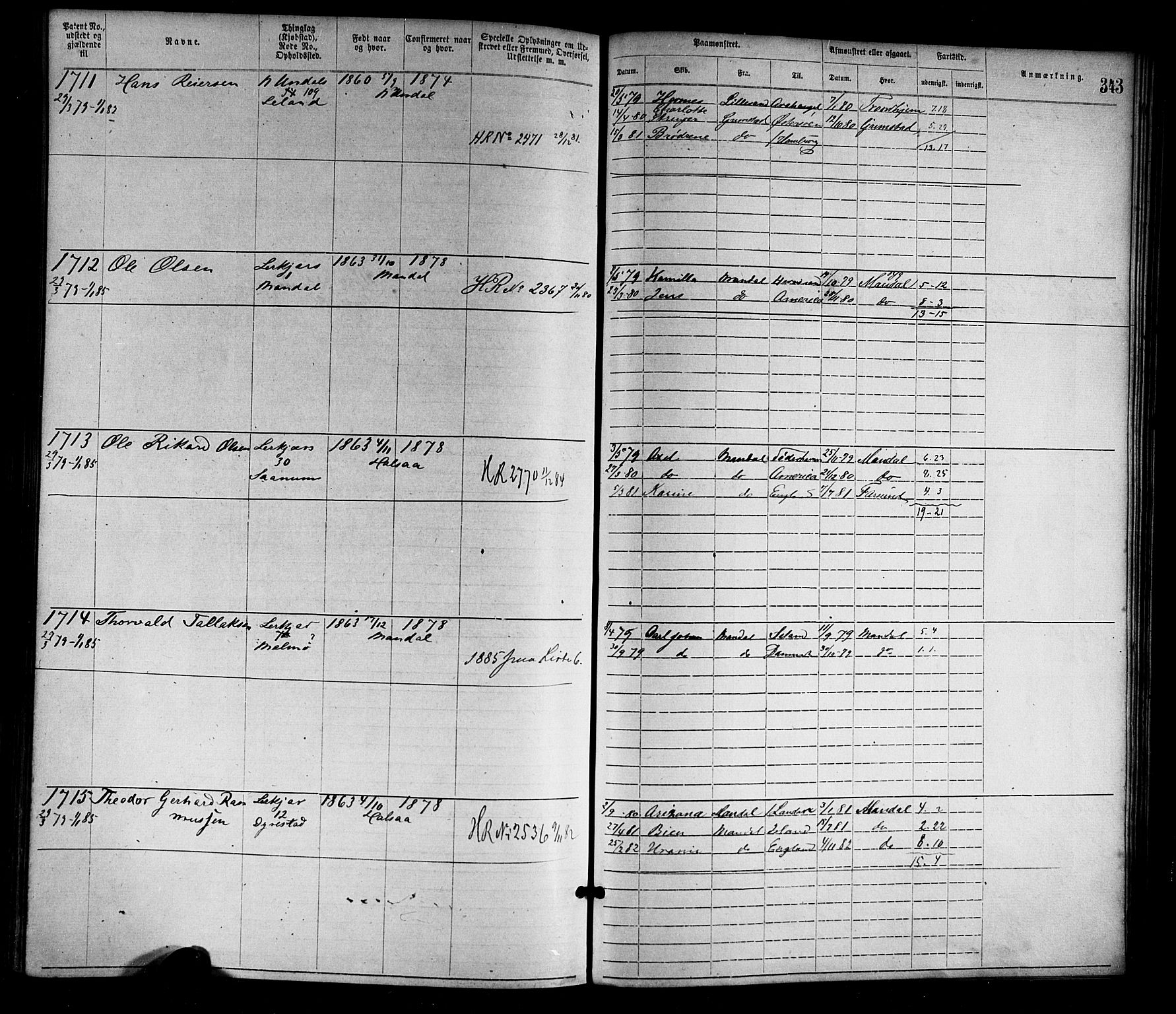 Mandal mønstringskrets, AV/SAK-2031-0016/F/Fa/L0001: Annotasjonsrulle nr 1-1920 med register, L-3, 1869-1881, s. 381