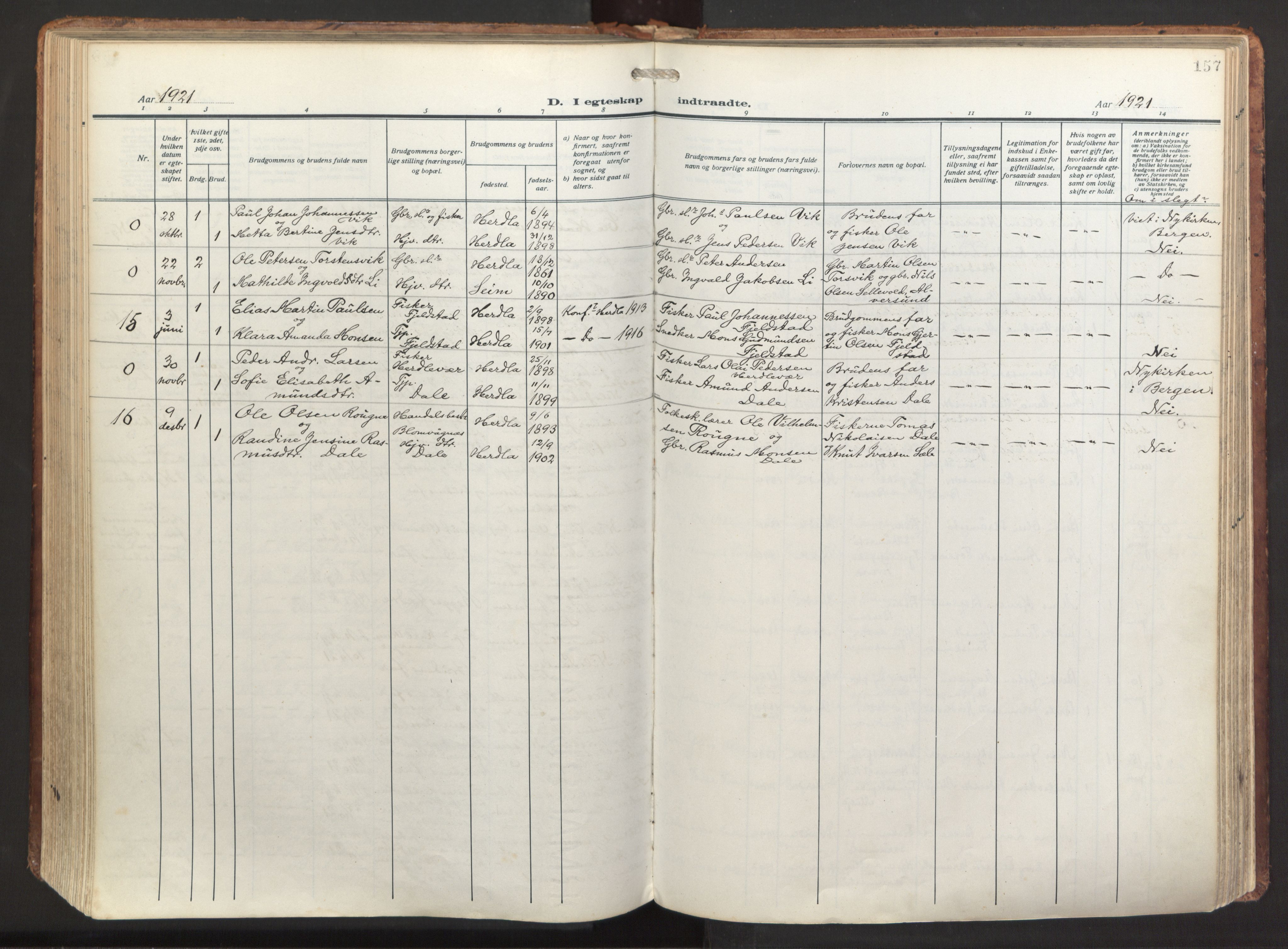 Herdla Sokneprestembete, AV/SAB-A-75701/H/Haa: Ministerialbok nr. A 6, 1918-1933, s. 157