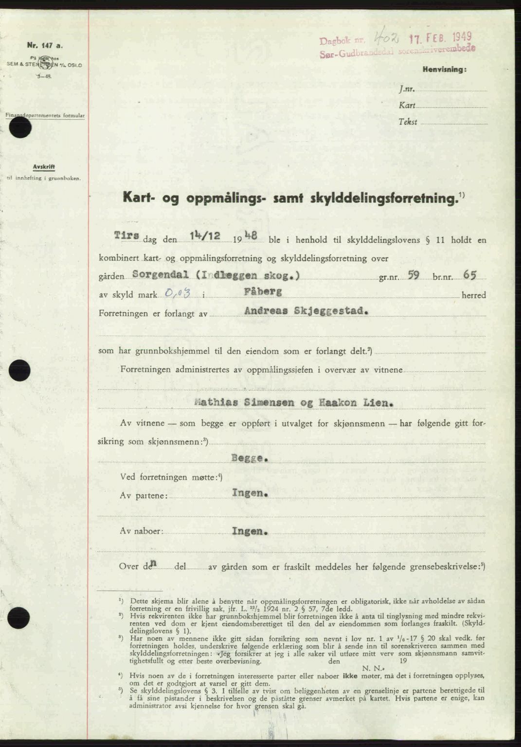 Sør-Gudbrandsdal tingrett, SAH/TING-004/H/Hb/Hbd/L0024: Pantebok nr. A24, 1948-1949, Dagboknr: 402/1949