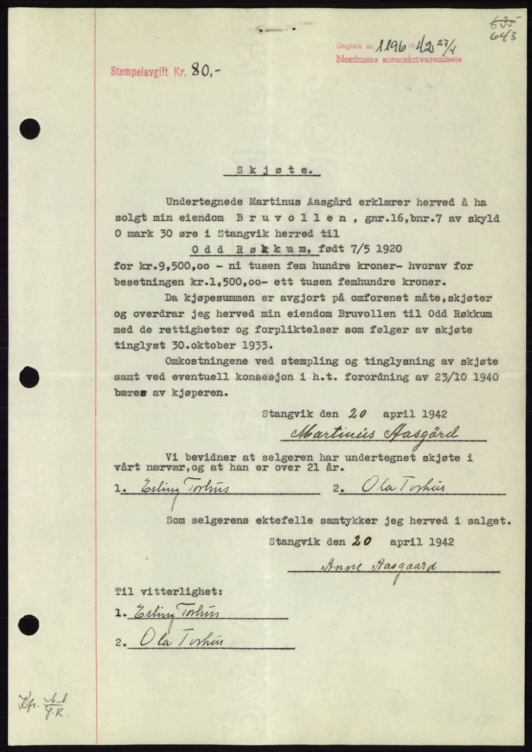 Nordmøre sorenskriveri, SAT/A-4132/1/2/2Ca: Pantebok nr. A92, 1942-1942, Dagboknr: 1196/1942