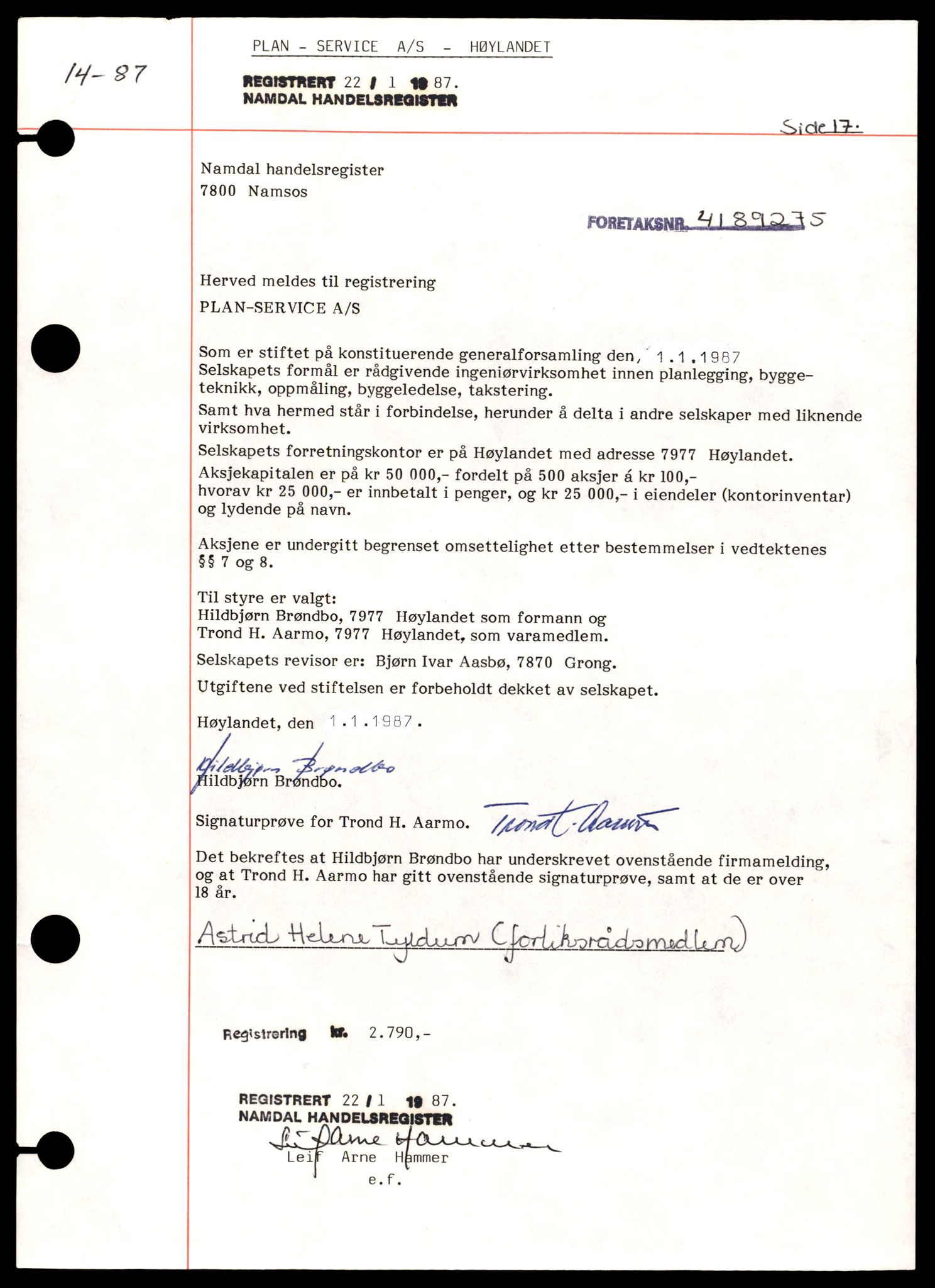 Namdal sorenskriveri, SAT/A-4133/2/J/Jd/Jdd/L0010: Bilag. Aksjeselskap, P-S , 1944-1990, s. 1