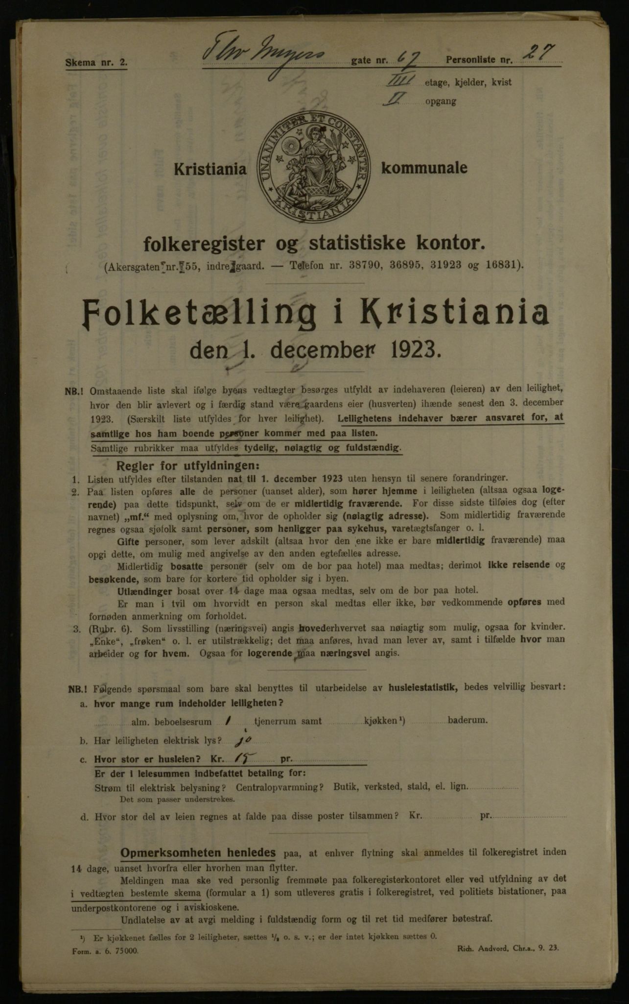 OBA, Kommunal folketelling 1.12.1923 for Kristiania, 1923, s. 122413