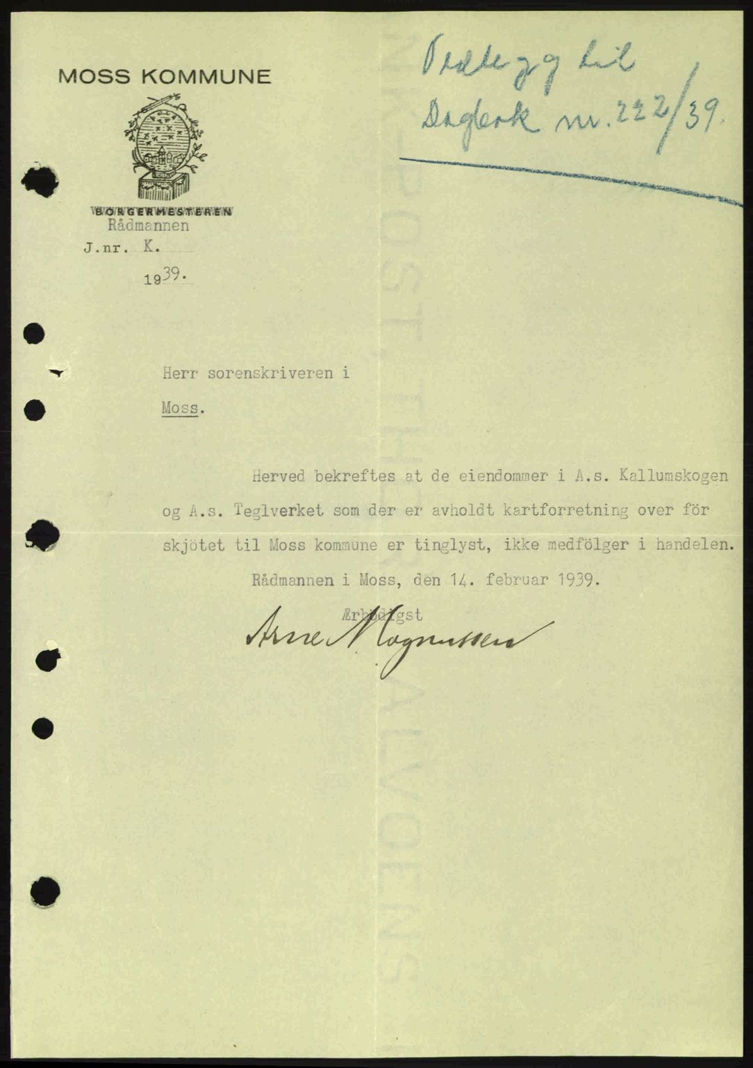 Moss sorenskriveri, SAO/A-10168: Pantebok nr. A5, 1938-1939, Dagboknr: 222/1939