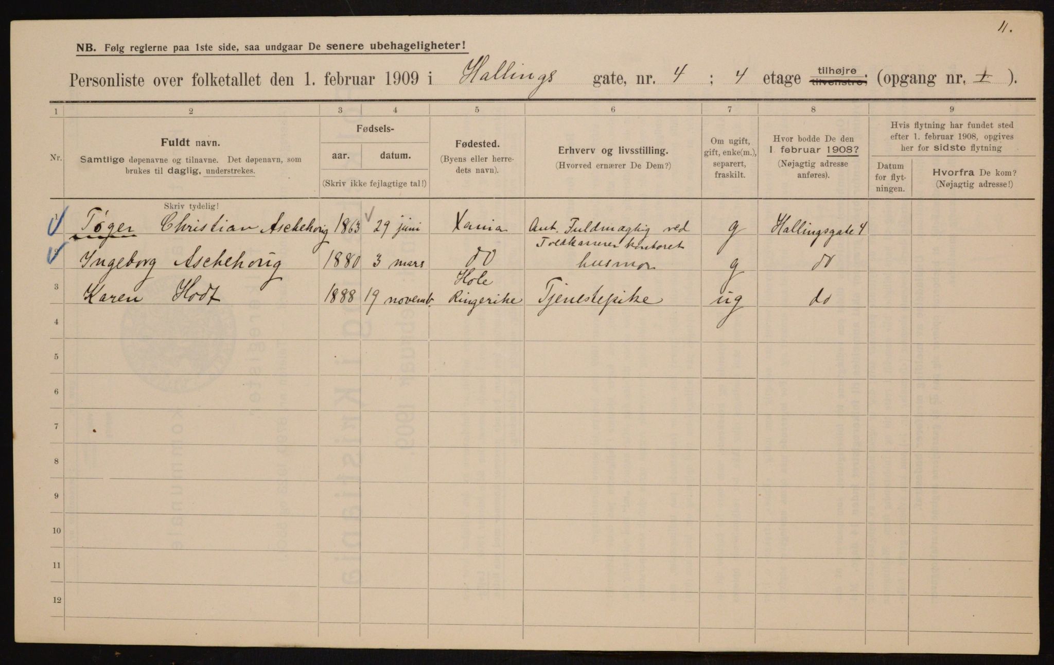 OBA, Kommunal folketelling 1.2.1909 for Kristiania kjøpstad, 1909, s. 30993