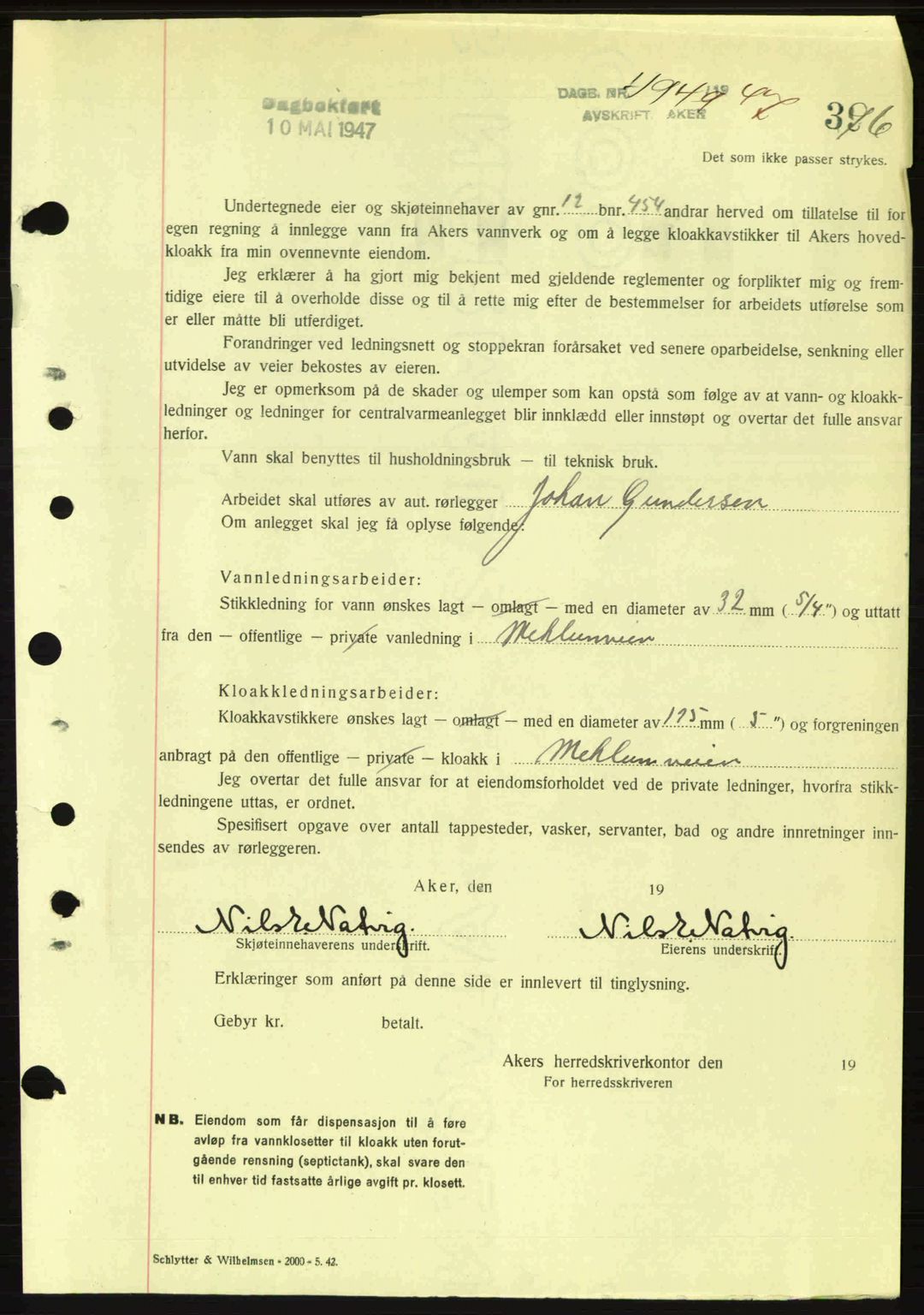 Aker herredsskriveri, AV/SAO-A-10896/G/Gb/Gba/Gbab/L0076: Pantebok nr. A194-195, 1947-1947, Dagboknr: 4949/1947