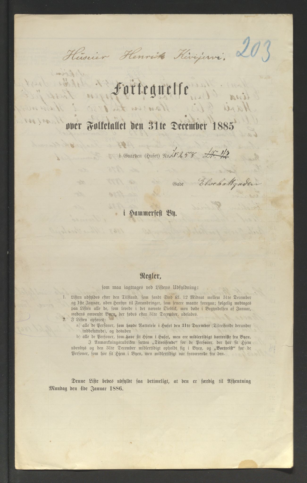 SATØ, Folketelling 1885 for 2001 Hammerfest kjøpstad, 1885, s. 203a