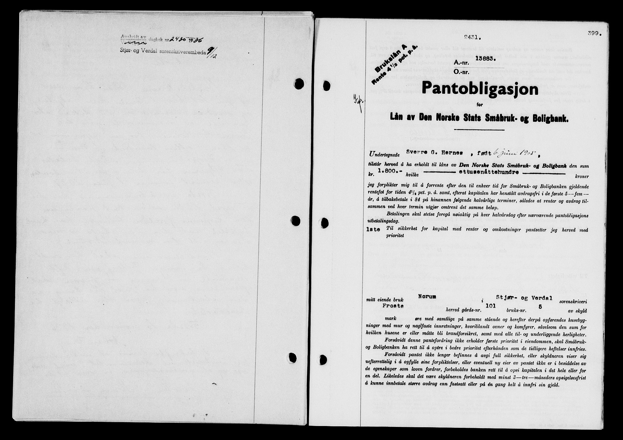 Stjør- og Verdal sorenskriveri, SAT/A-4167/1/2/2C/L0078: Pantebok nr. 46, 1936-1937, Dagboknr: 2431/1936