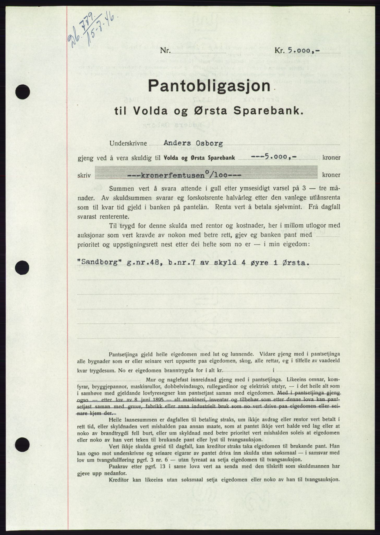 Søre Sunnmøre sorenskriveri, AV/SAT-A-4122/1/2/2C/L0114: Pantebok nr. 1-2B, 1943-1947, Dagboknr: 779/1946