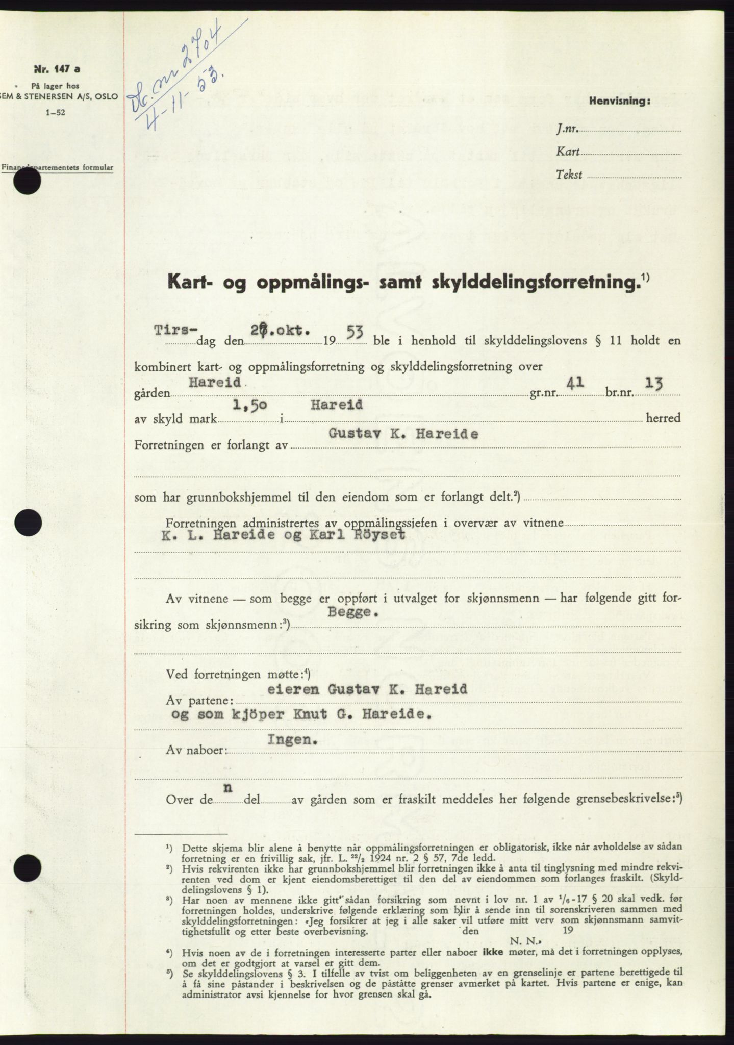 Søre Sunnmøre sorenskriveri, SAT/A-4122/1/2/2C/L0096: Pantebok nr. 22A, 1953-1954, Dagboknr: 2704/1953