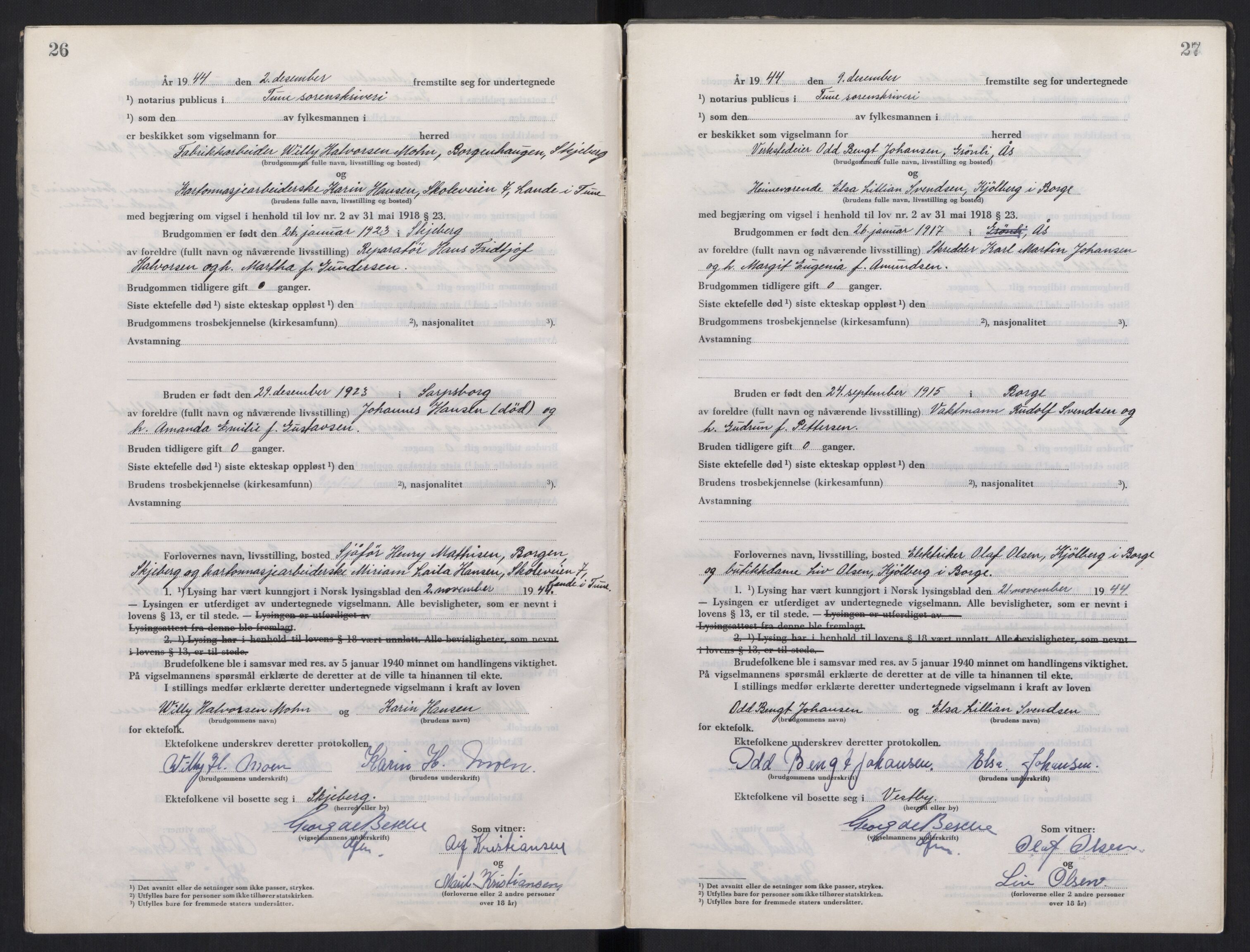 Tune sorenskriveri, AV/SAO-A-10470/L/Lb/L0003: Vigselprotokoll, 1944-1951, s. 26-27