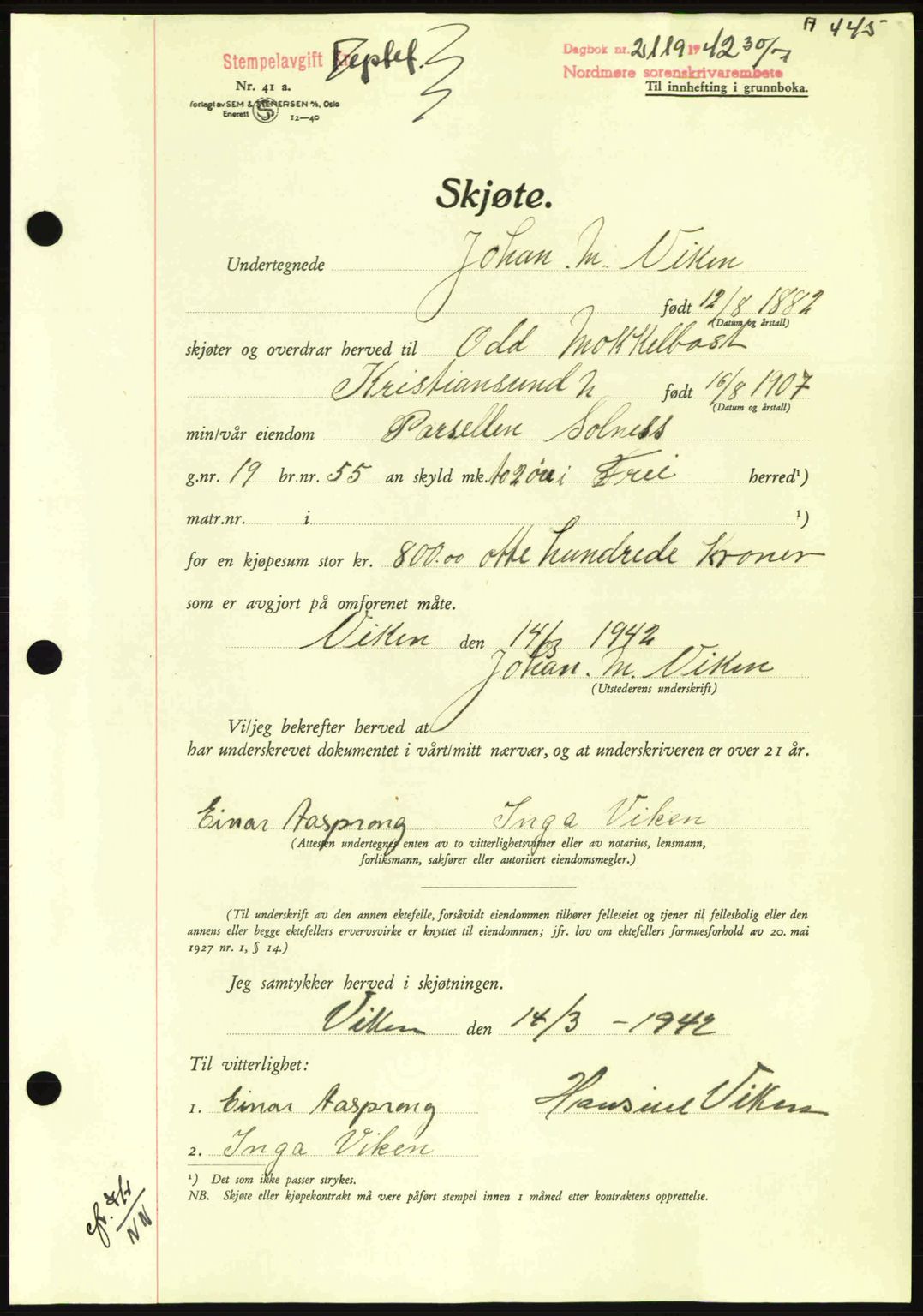 Nordmøre sorenskriveri, AV/SAT-A-4132/1/2/2Ca: Pantebok nr. A93, 1942-1942, Dagboknr: 2119/1942